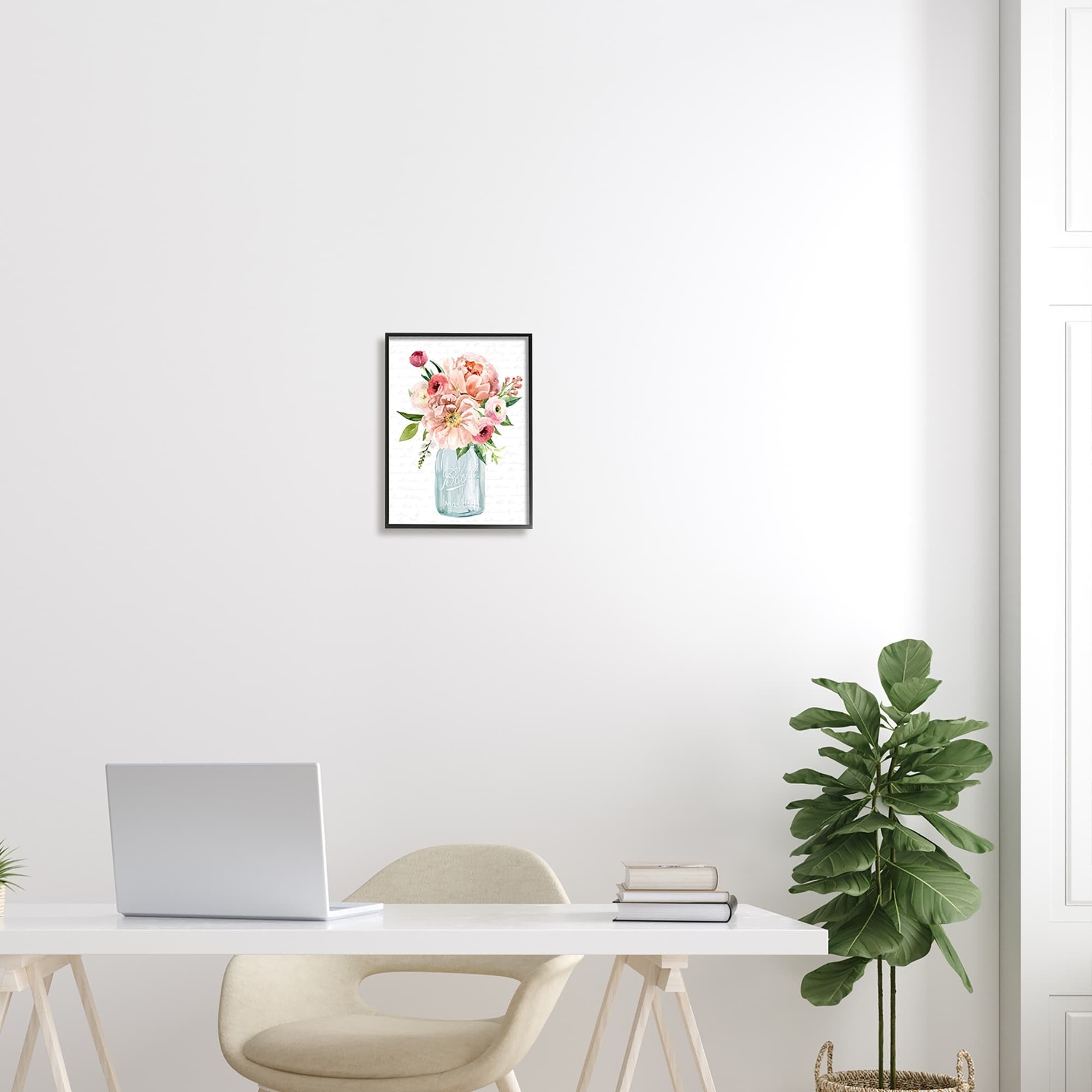 Stupell Industries Pink Peony Flowers Jar Arrangement Script Pattern Graphic Art Black Framed Art Print Wall Art, Design by Lettered and Lined