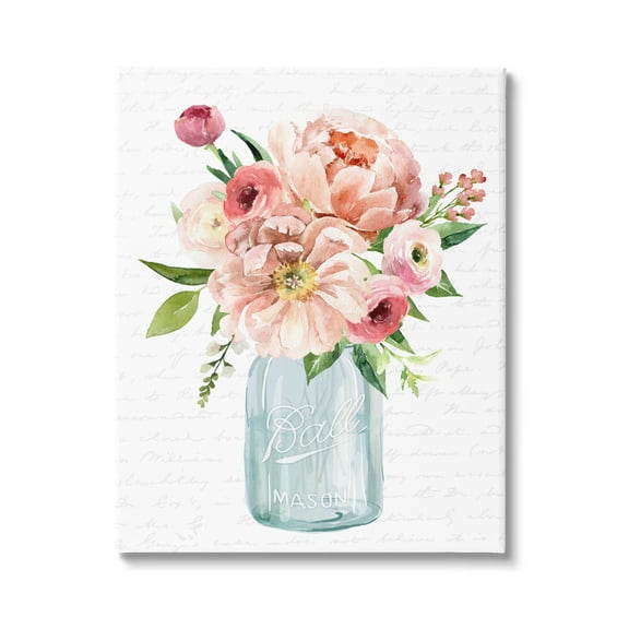 Stupell Industries Pink Peony Flowers Jar Arrangement Script Pattern Graphic Art Gallery Wrapped Canvas Print Wall Art, Design by Lettered and Lined