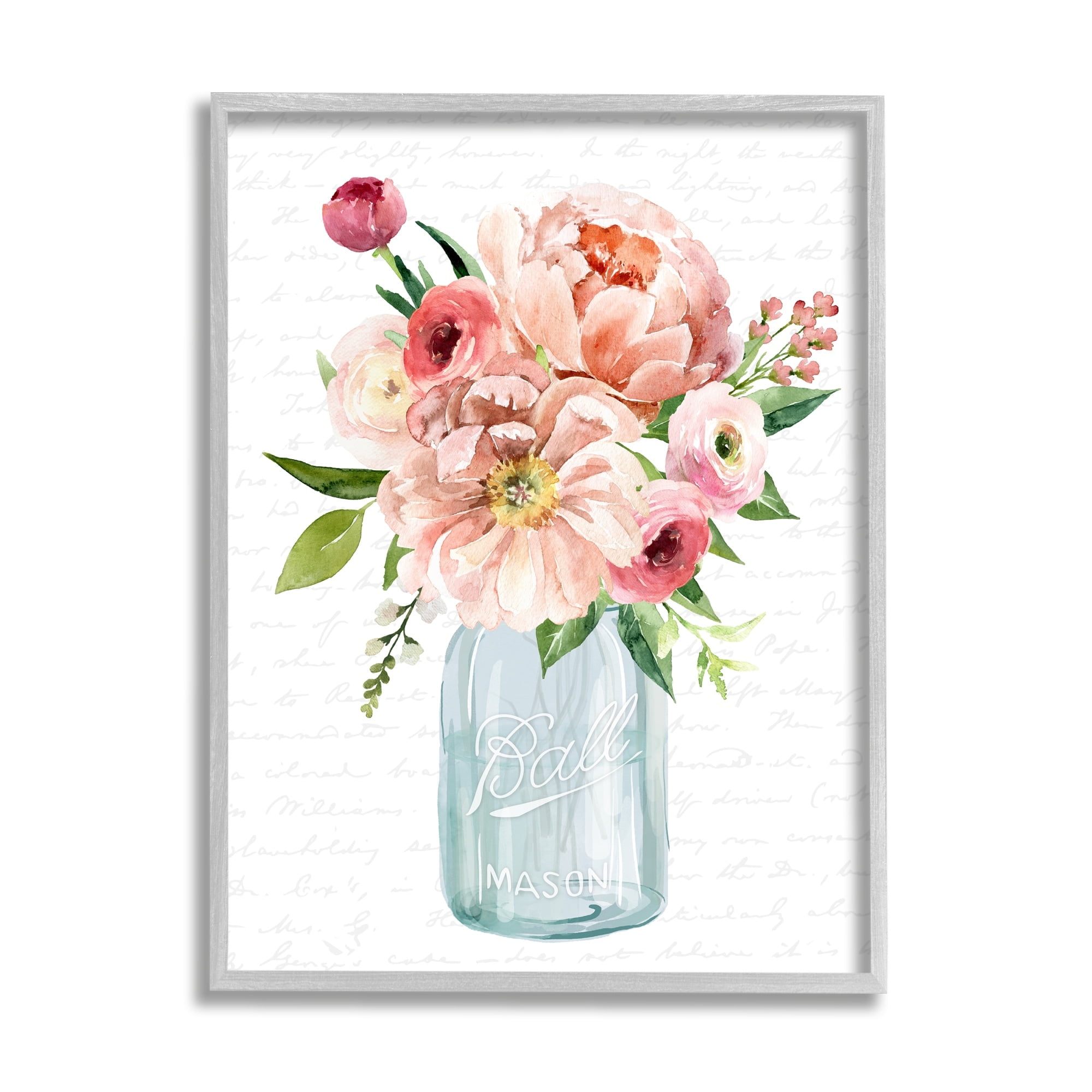 Stupell Industries Pink Peony Flowers Jar Arrangement Script Pattern Graphic Art Gray Framed Art Print Wall Art, Design by Lettered and Lined