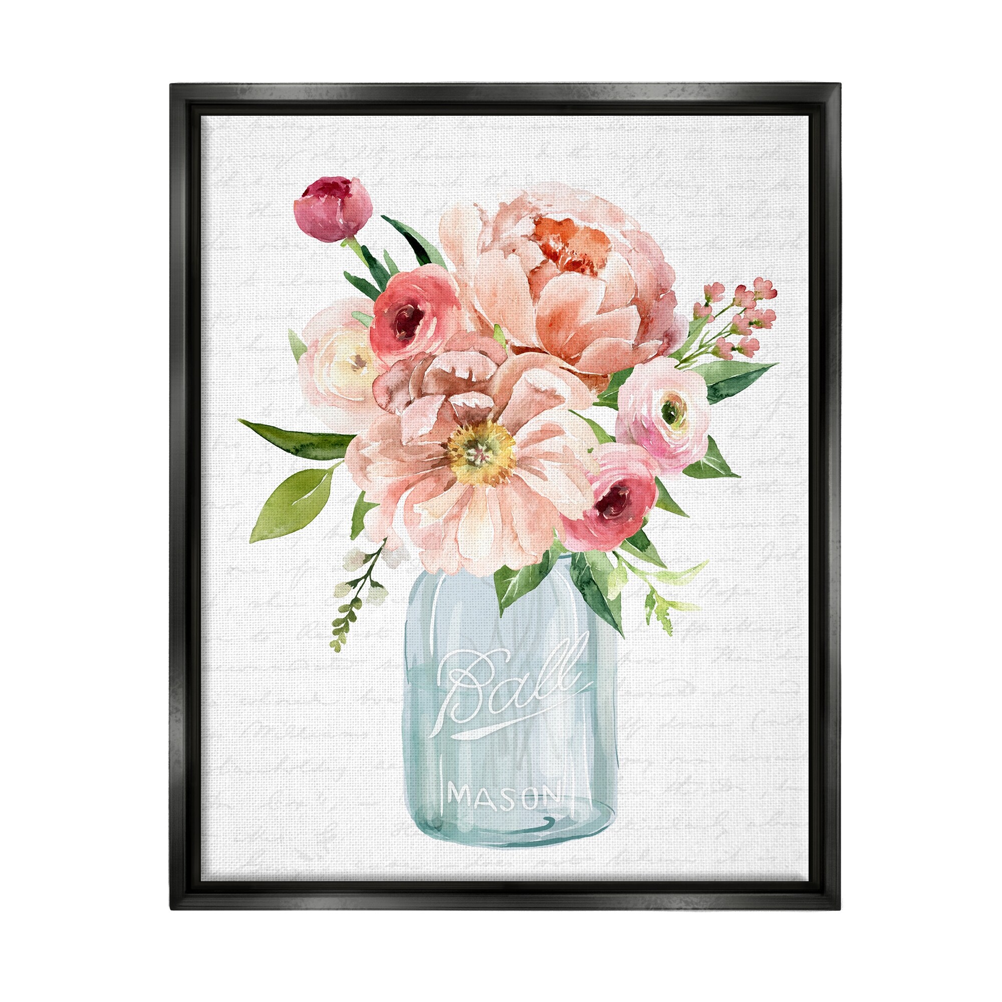 Stupell Industries Pink Peony Flowers Jar Arrangement Script Pattern Graphic Art Jet Black Floating Framed Canvas Print Wall Art, Design by Lettered and Lined