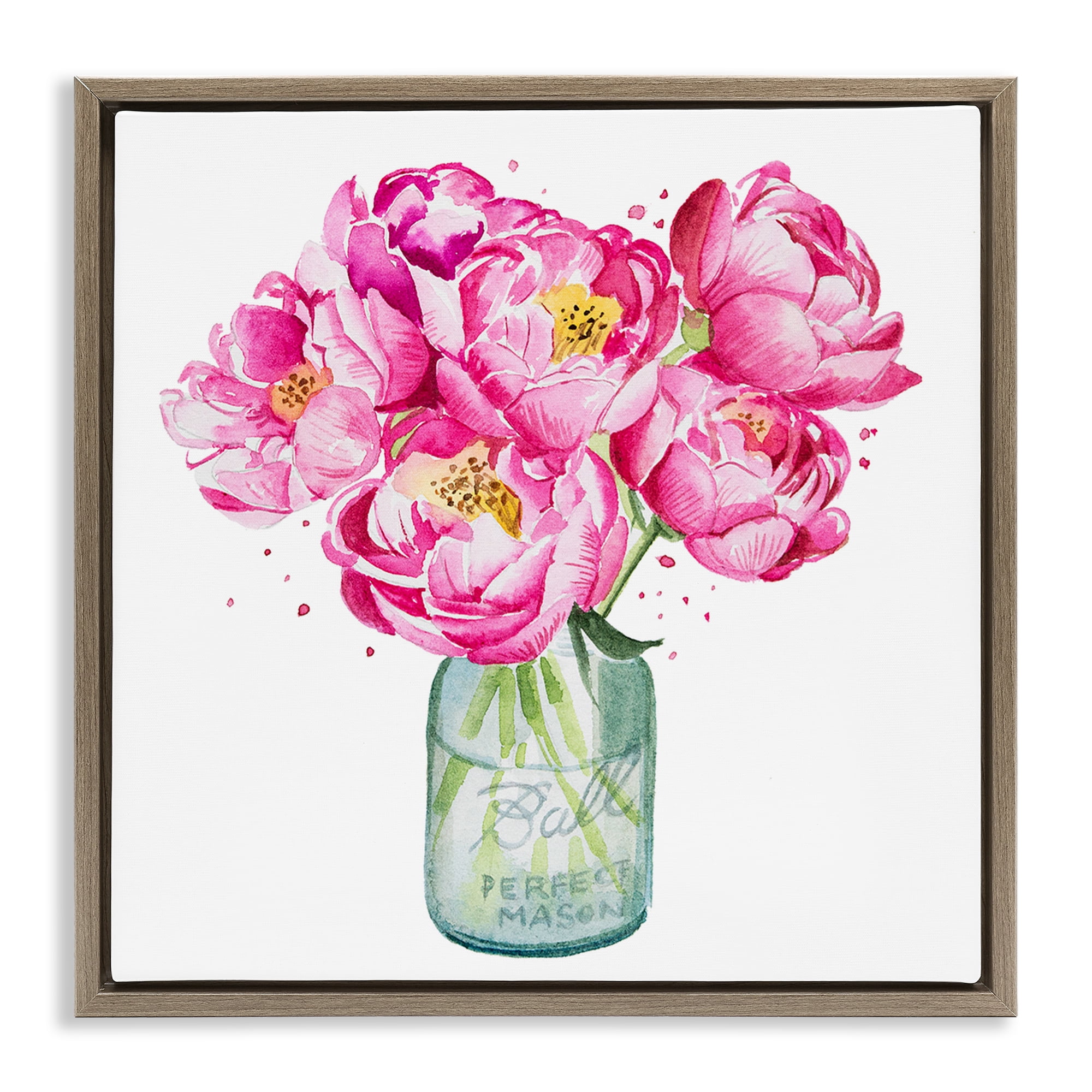 Stupell Industries Pink Peony Jar Botanical & Floral Painting Brown Floater Framed Art Print Wall Art, 18 x 18