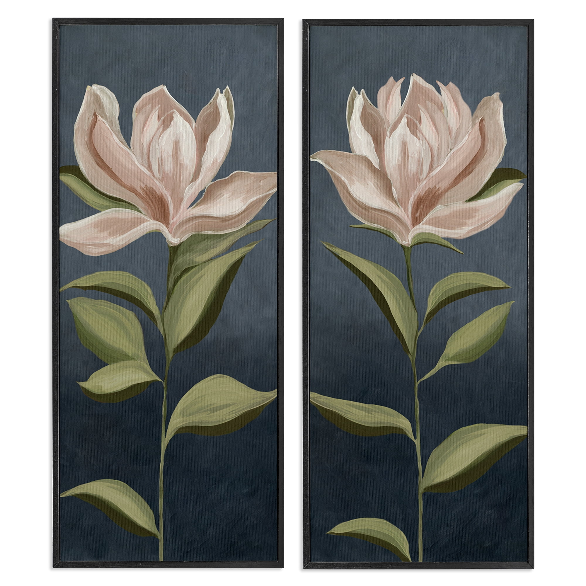 Stupell Industries Pink Petaled Blooms Plants & Flowers Painting Black Framed Art Print Wall Art, 10 x 24, Set of 2