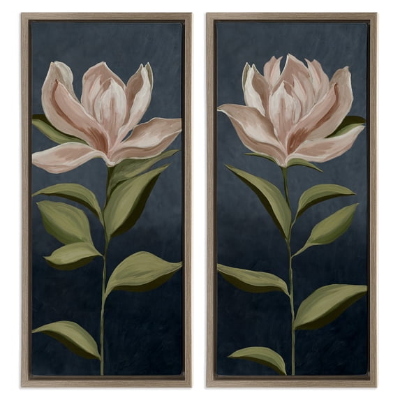 Stupell Industries Pink Petaled Blooms Plants & Flowers Painting Brown Floater Framed Canvas Art Print Wall Art, 11 x 25, Set of 2