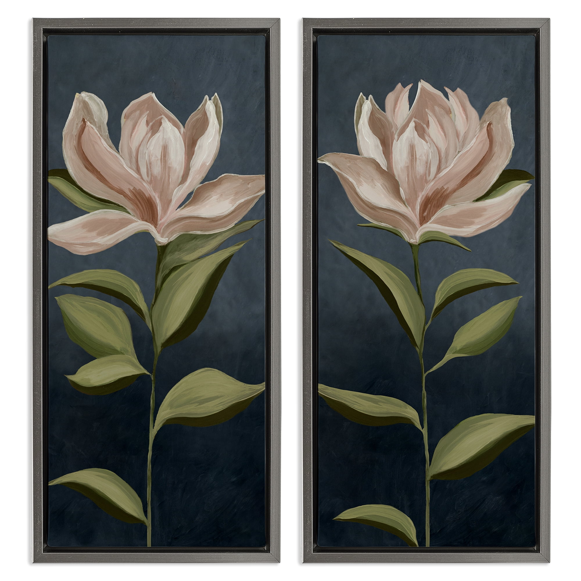 Stupell Industries Pink Petaled Blooms Plants & Flowers Painting Gray Floater Framed Canvas Art Print Wall Art, 11 x 25, Set of 2