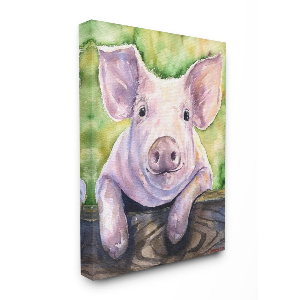 Stupell Industries Pink Pig Animal Green Watercolor Painting Canvas Wall Art by George Dyachenko