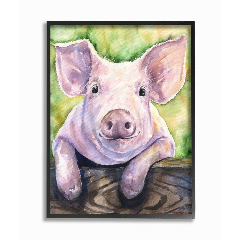 Stupell Industries Pink Pig Animal Green Watercolor Painting Framed Giclee Texturized Art by George Dyachenko