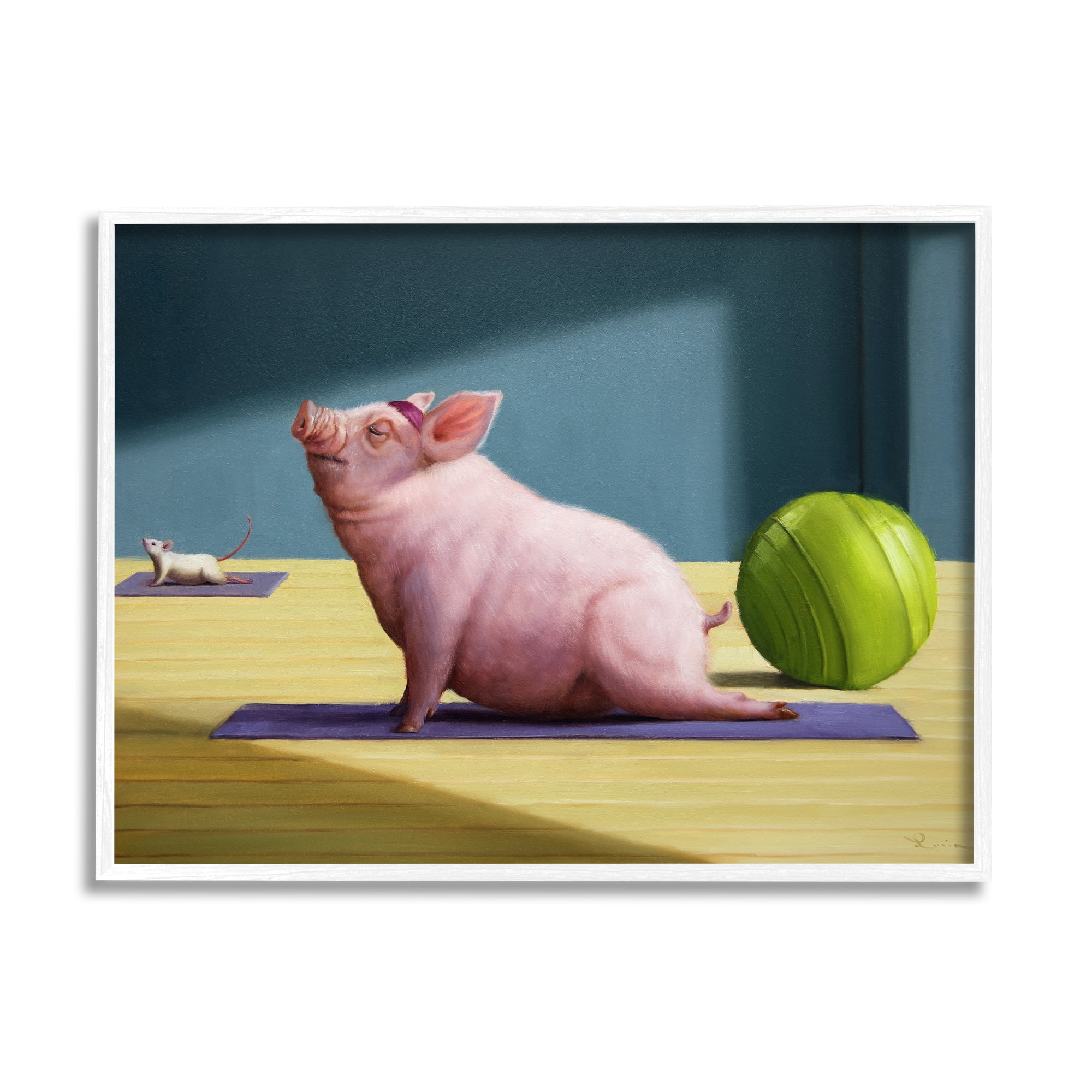 Stupell Industries Pink Pig Doing Yoga Upward Facing Hog Animals & Insects Painting White Framed Art Print Wall Art, 11 x 14
