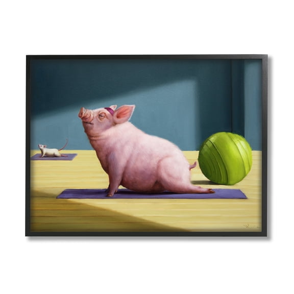 Stupell Industries Pink Pig Doing Yoga Upward Facing Hog Novelty Painting Black framed Art Print Wall Art, 24 x 30, Design by Lucia Heffernan