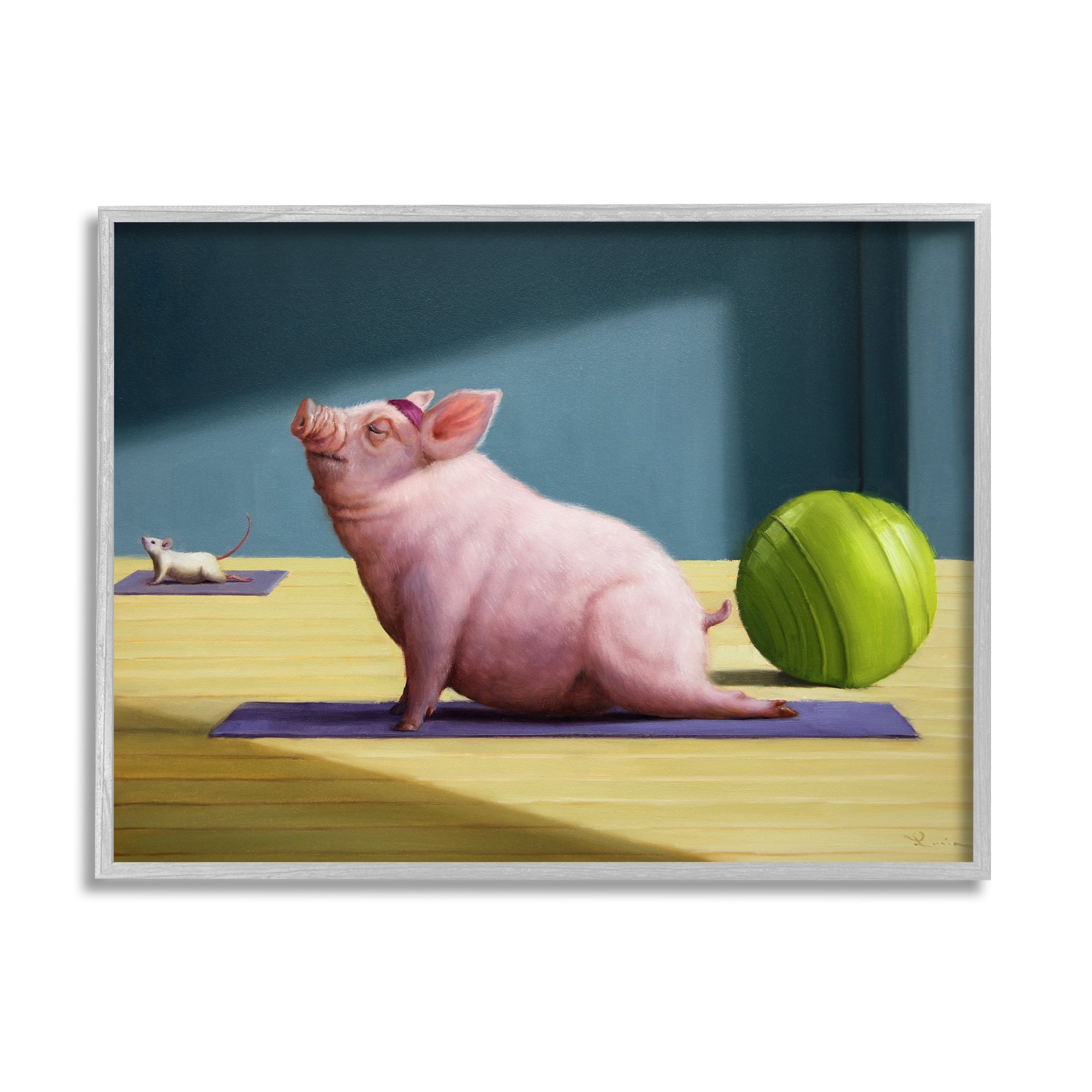 Stupell Industries Pink Pig Doing Yoga Upward Facing Hog Novelty Painting Gray framed Art Print Wall Art, 16 x 20, Design by Lucia Heffernan