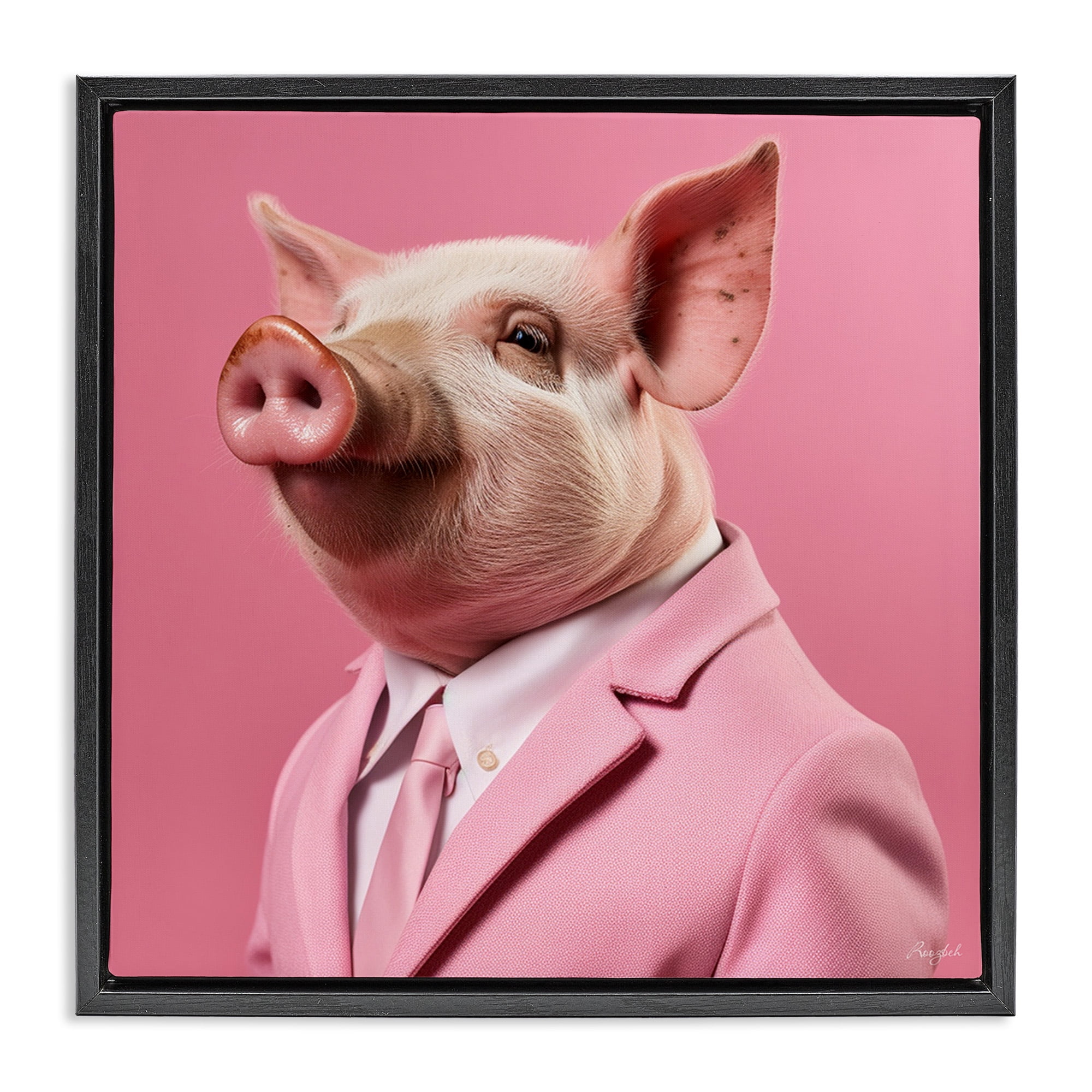 Stupell Industries Pink Pig Fashion Animals & Insects Painting Black Floater Framed Canvas Art Print Wall Art, 18 x 18