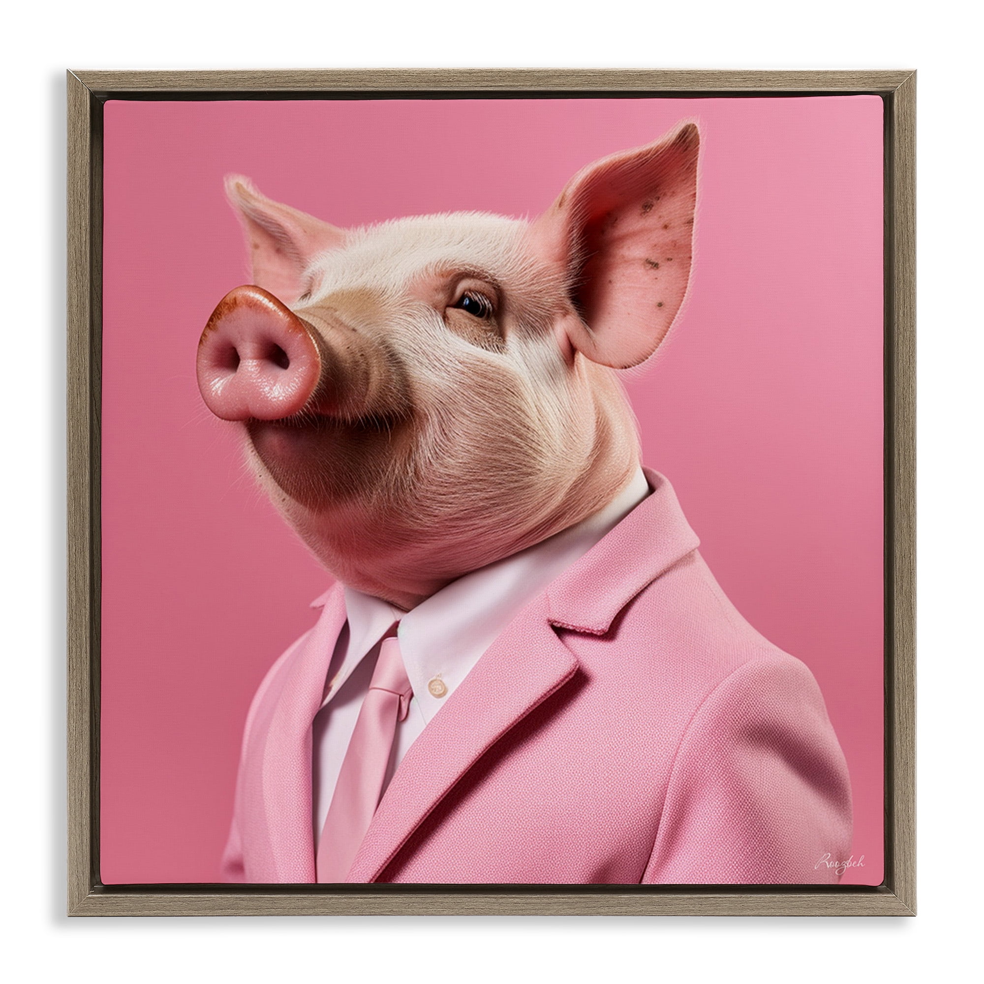 Stupell Industries Pink Pig Fashion Animals & Insects Painting Brown Floater Framed Canvas Art Print Wall Art, 18 x 18