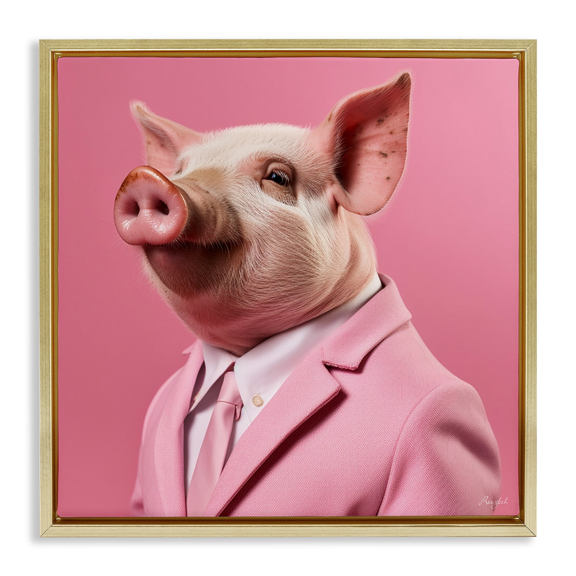 Stupell Industries Pink Pig Fashion Animals & Insects Painting Gold Floater Framed Canvas Art Print Wall Art, 18 x 18