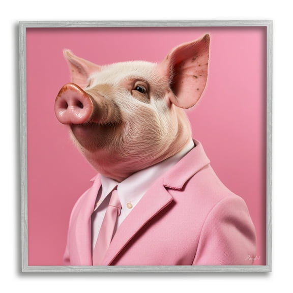 Stupell Industries Pink Pig Fashion Animals & Insects Painting Gray Framed Art Print Wall Art, 17 x 17
