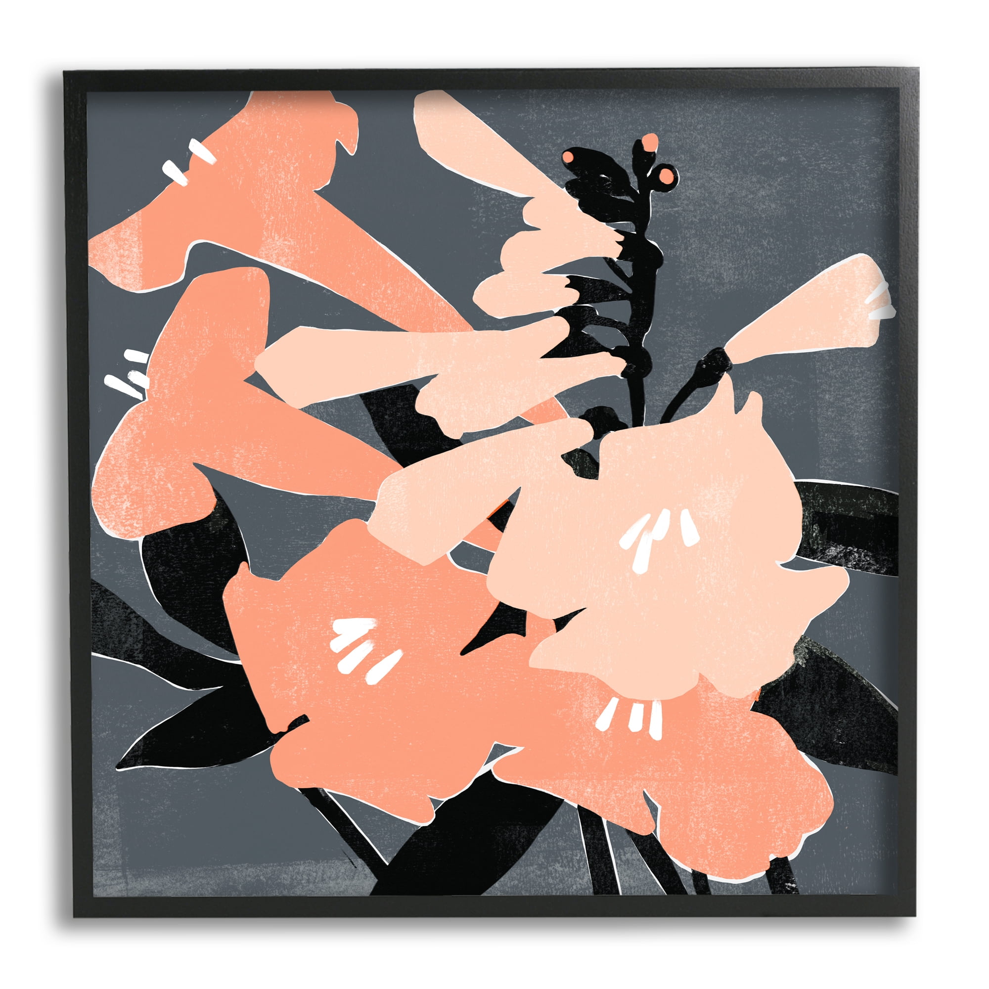 Stupell Industries Pink Pop Lilies over Dark Grey Neutral Branches Botanical & Floral Painting Black Framed Art Print Wall Art, 24 x 24