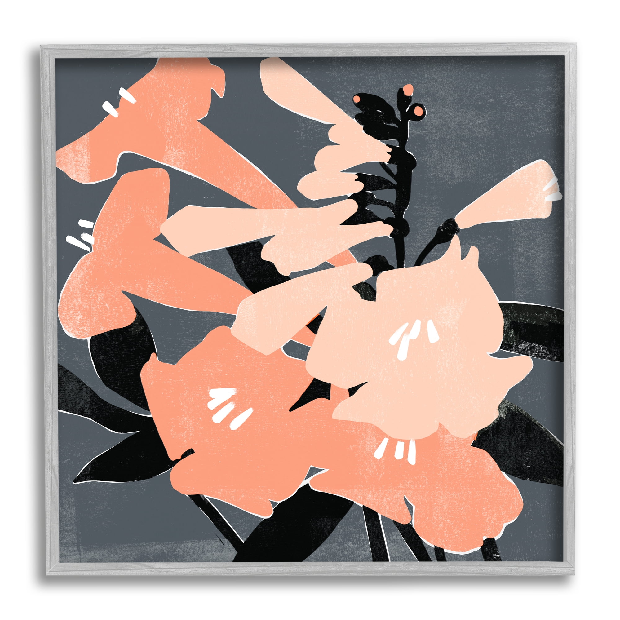 Stupell Industries Pink Pop Lilies over Dark Grey Neutral Branches Botanical & Floral Painting Gray Framed Art Print Wall Art, 24 x 24