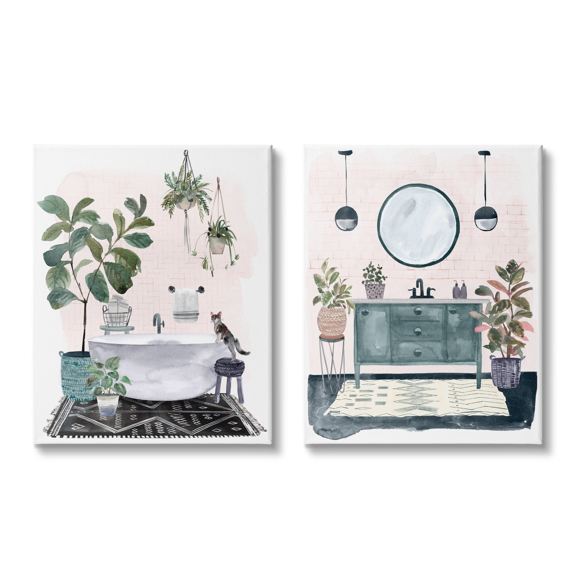 Pink and Green Botanical Bathroom Canvas Wall Art Set