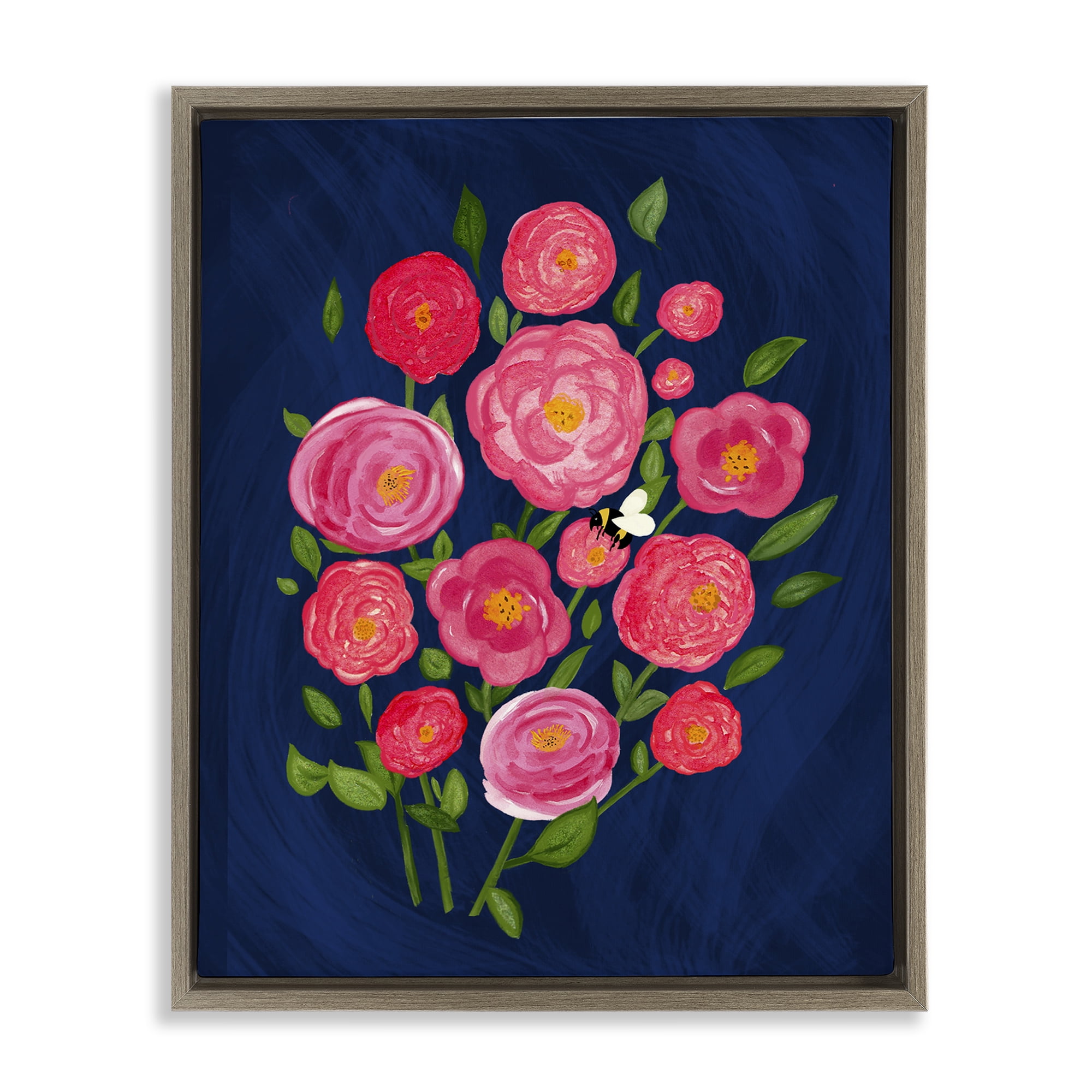 Stupell Industries Pink Poses Bunches Plants & Flowers Painting Brown Floater Framed Canvas Art Print Wall Art, 17 x 21