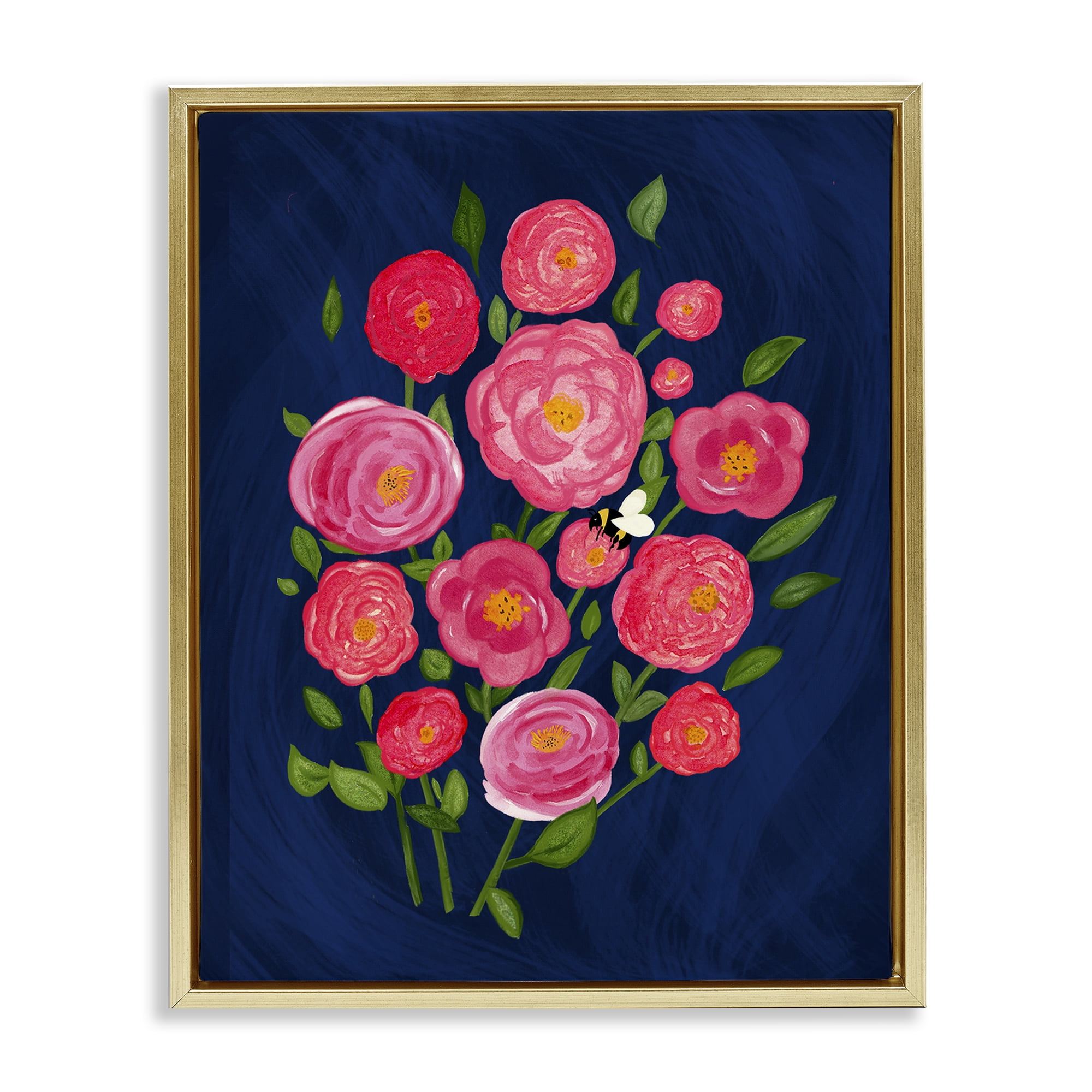 Stupell Industries Pink Poses Bunches Plants & Flowers Painting Gold Floater Framed Canvas Art Print Wall Art, 17 x 21