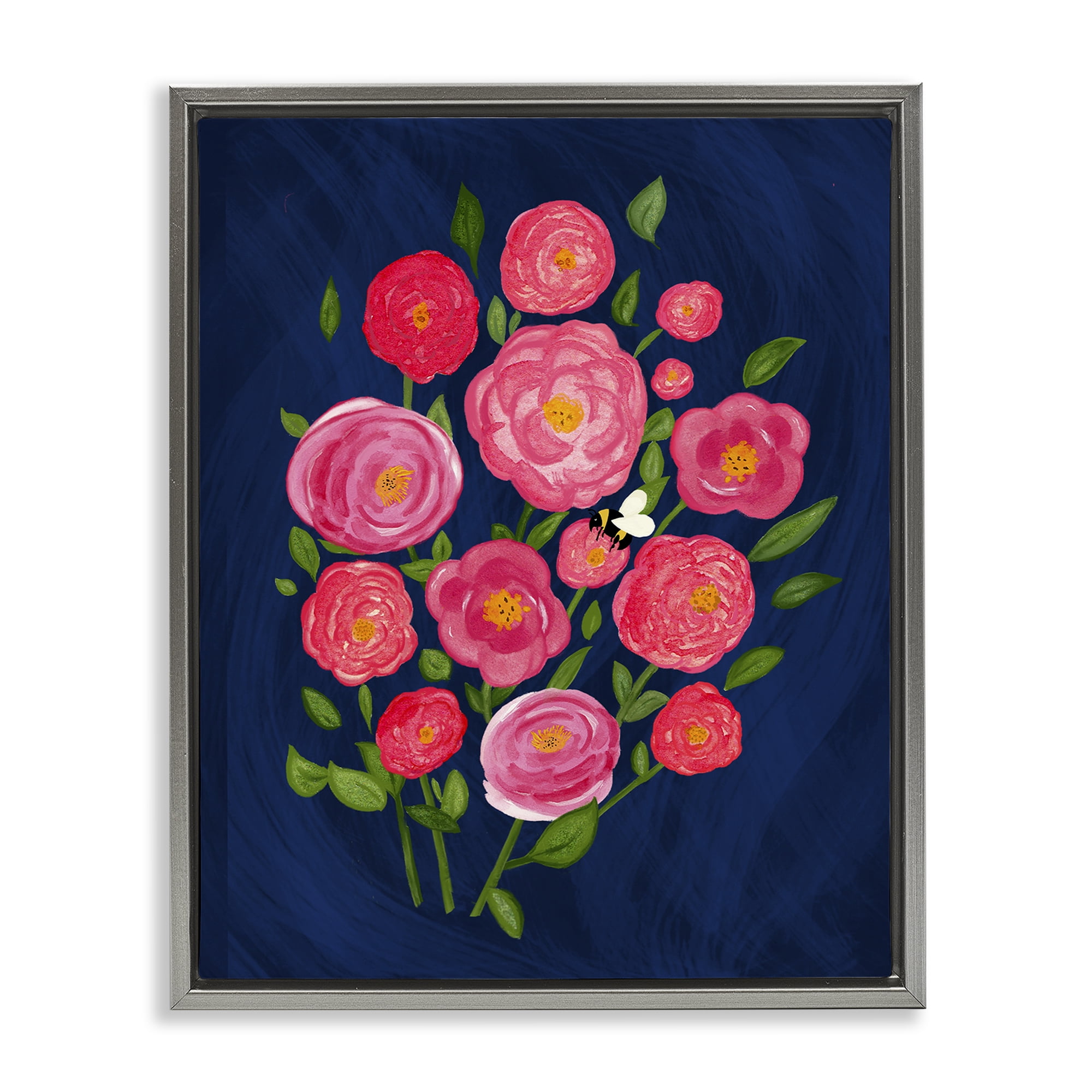 Stupell Industries Pink Poses Bunches Plants & Flowers Painting Gray Floater Framed Canvas Art Print Wall Art, 17 x 21