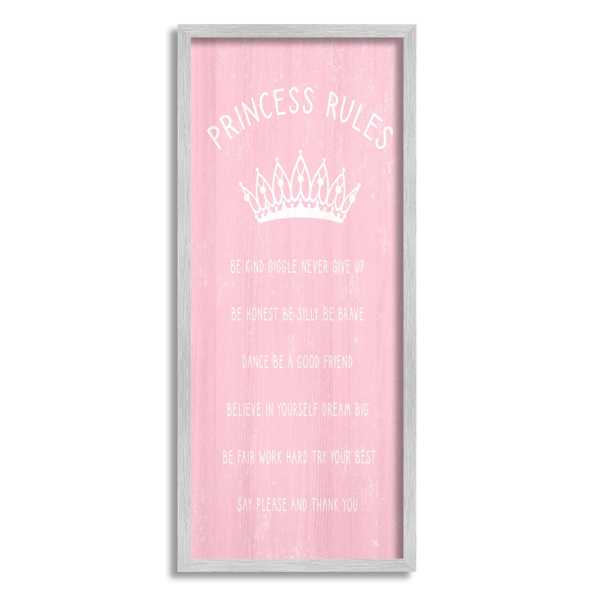 Stupell Industries Pink Princess Rules Sign Kids Motivational Phrases Listed Inspirational Painting Gray Framed Art Print Wall Art, 10 x 24