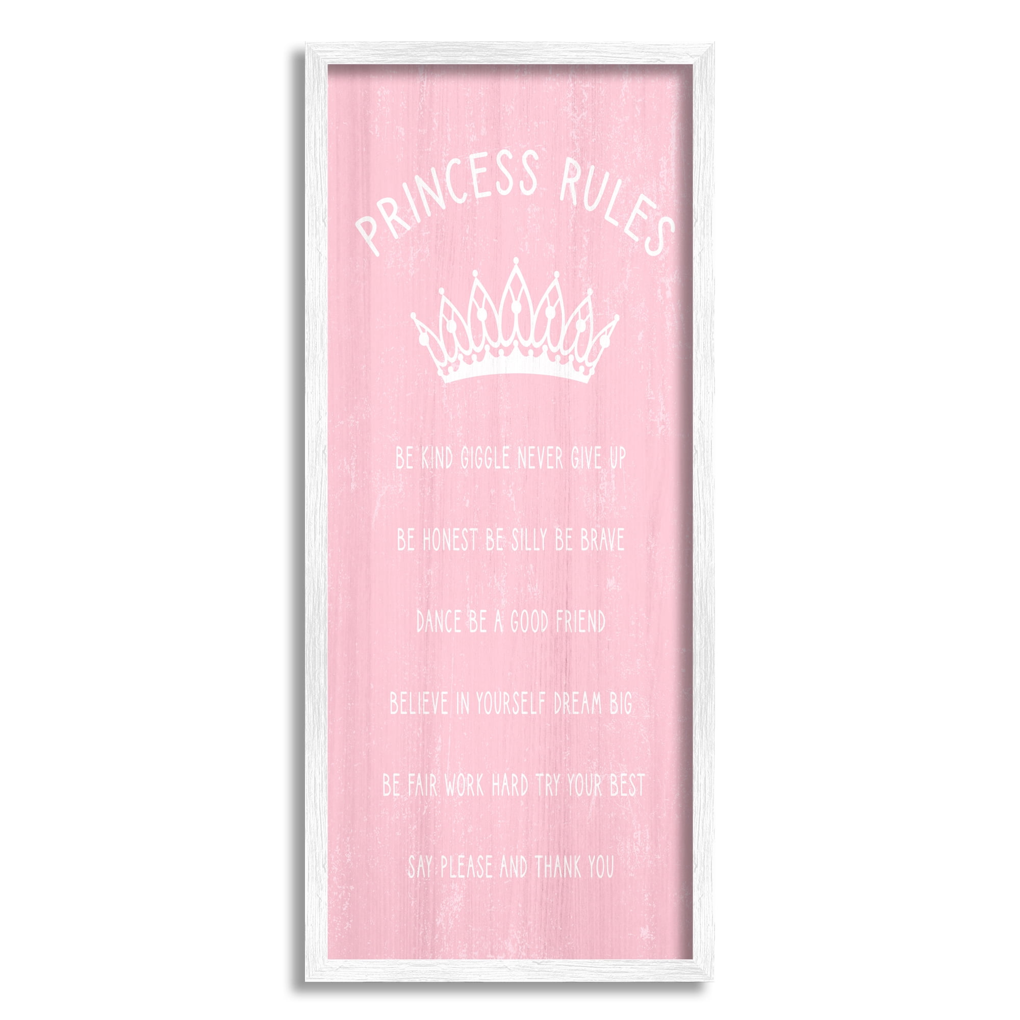 Stupell Industries Pink Princess Rules Sign Kids Motivational Phrases Listed Inspirational Painting White Framed Art Print Wall Art, 13 x 30