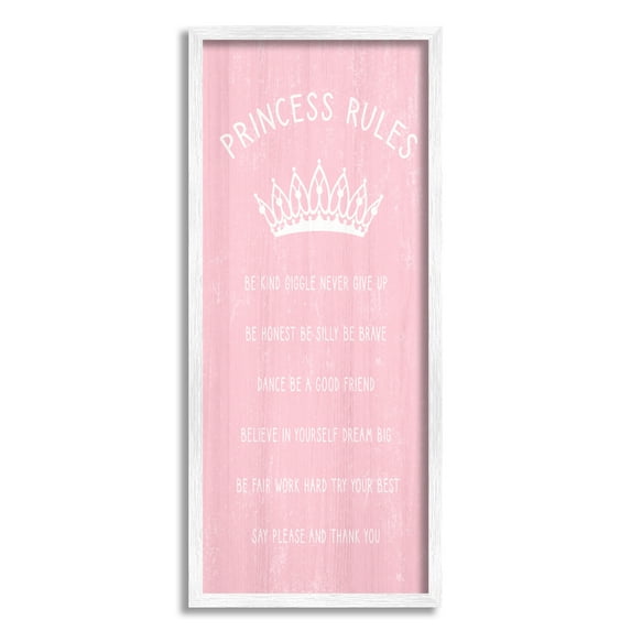 Stupell Industries Pink Princess Rules Sign Kids Motivational Phrases Listed Inspirational Painting White Framed Art Print Wall Art, 13 x 30