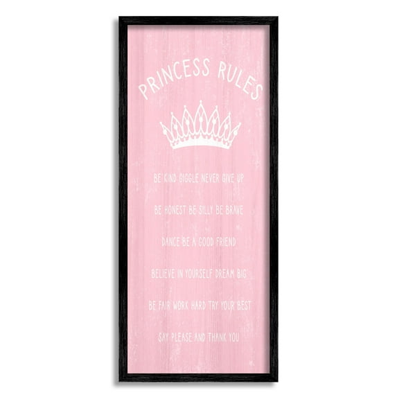 Stupell Industries Pink Princess Rules Sign Kids Motivational Phrases Listed Kids Painting Black Framed Art Print Wall Art, 13 x 30, Design by Daphne Polselli