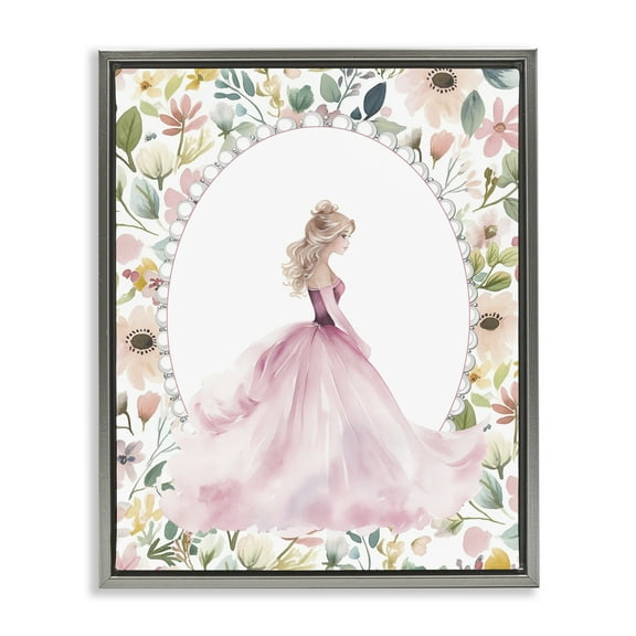 Stupell Industries Pink Princess with Pearl Border Gray Framed Floater Canvas Wall Art, design by Christine Simpson Art