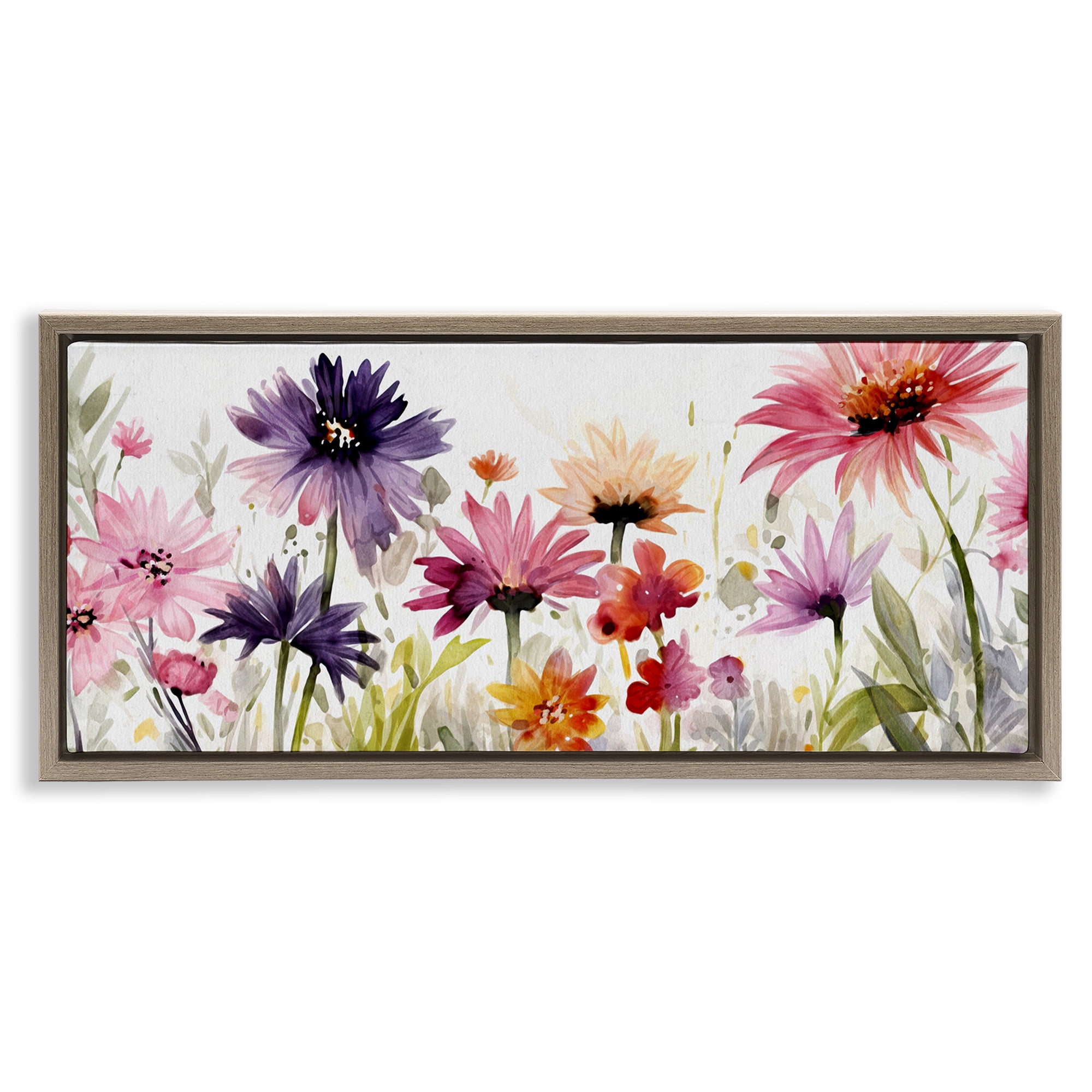 Stupell Industries Pink & Purple Blossoms Botanical & Floral Painting Brown Floater Framed Canvas Art Print Wall Art, 25 x 11