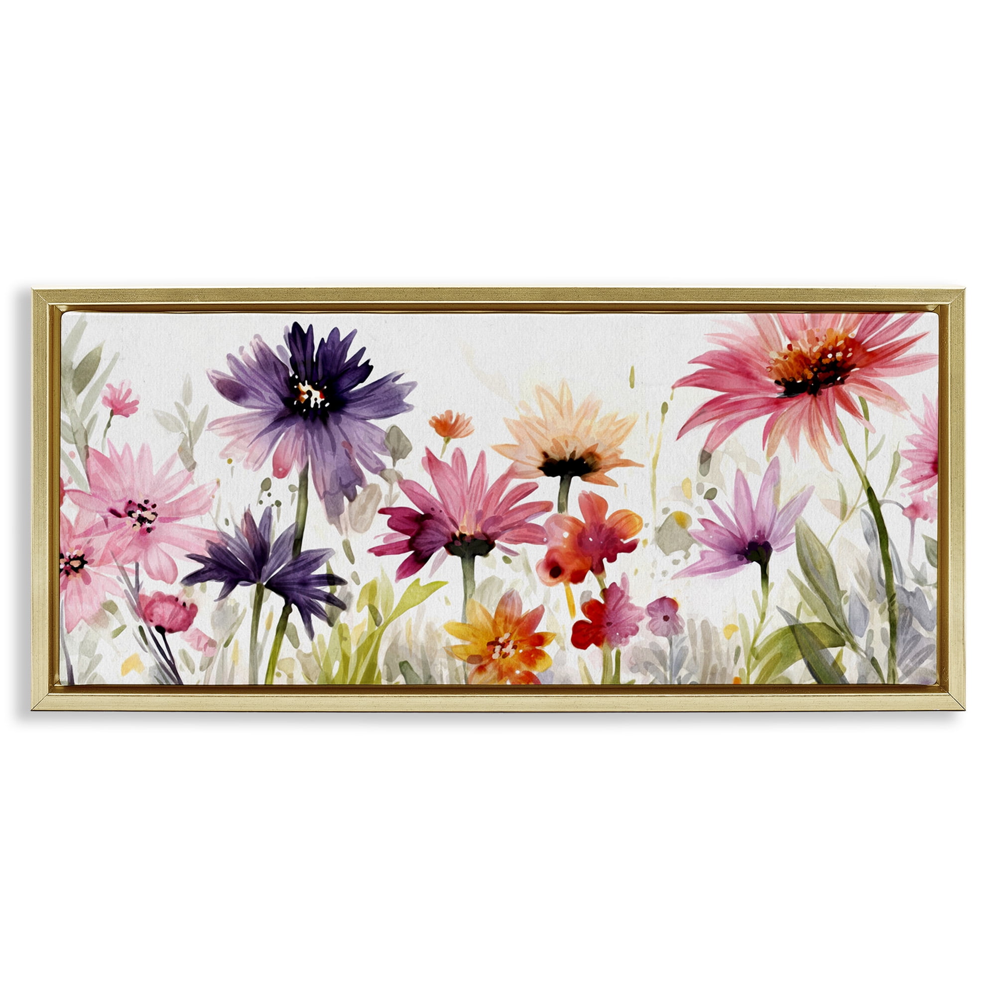 Stupell Industries Pink & Purple Blossoms Botanical & Floral Painting Gold Floater Framed Canvas Art Print Wall Art, 25 x 11