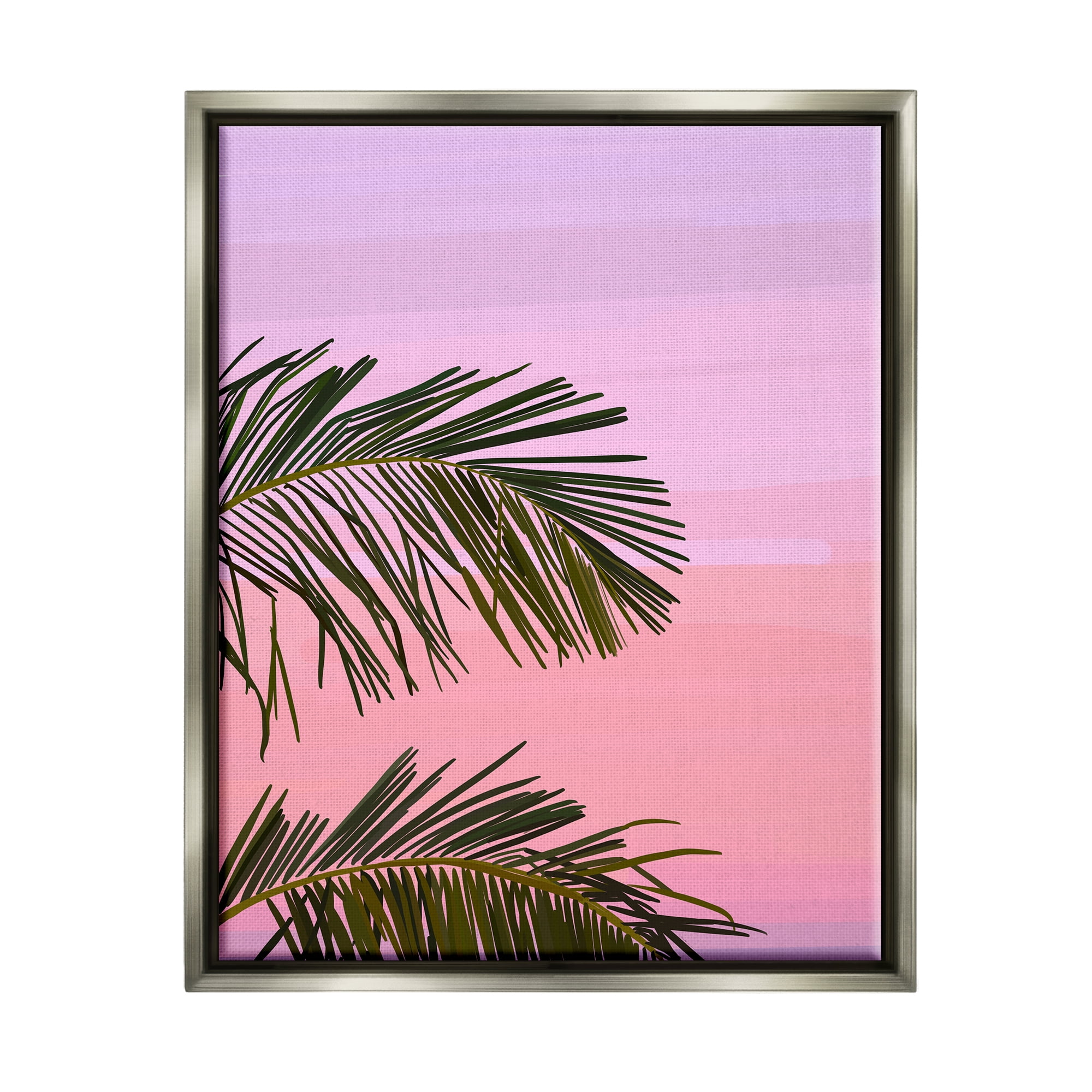 Stupell Industries Pink & Purple Sunset Palm Leaves Coastal Painting Gray Floater Framed Art Print Wall Art