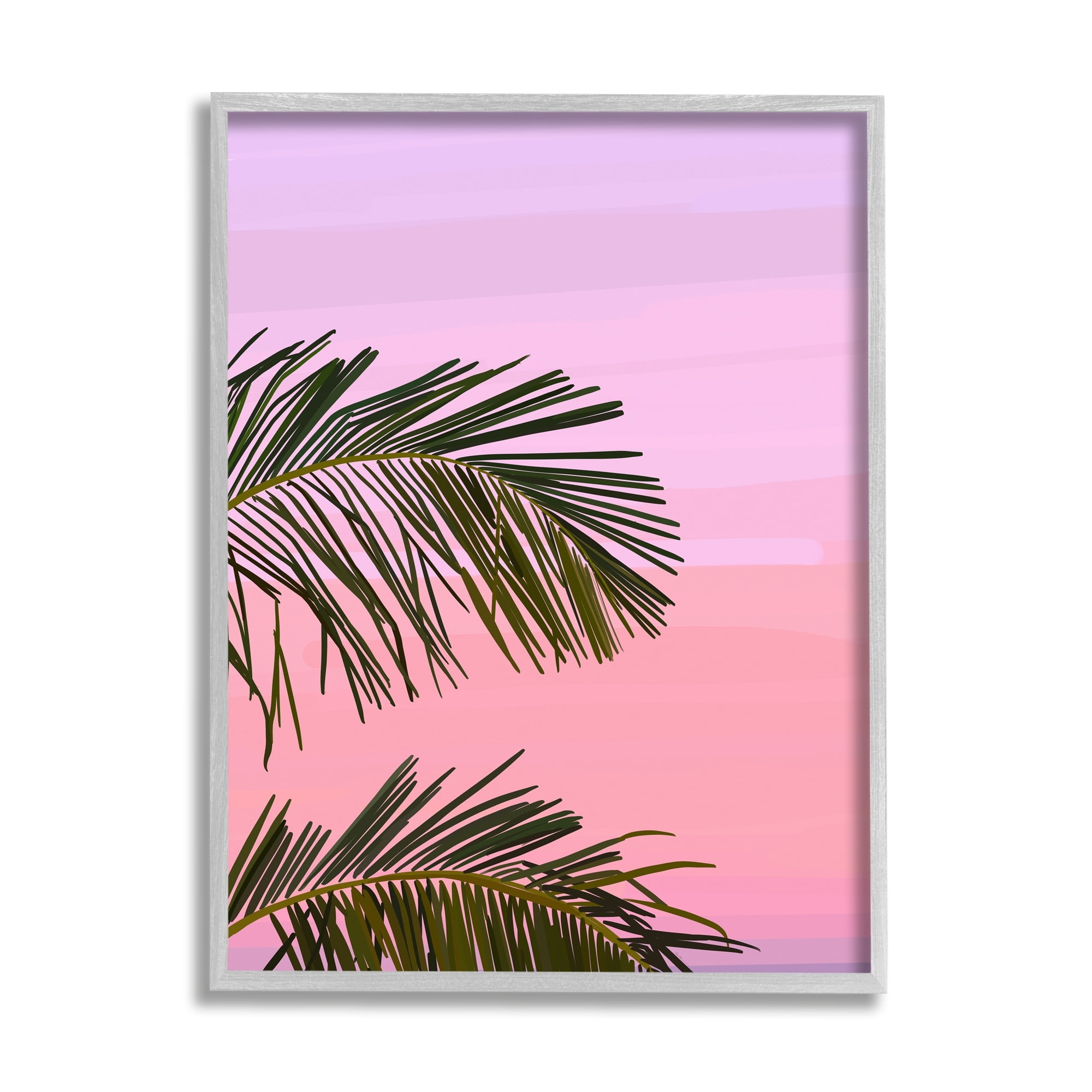 Pink and Purple Sunset Palm Leaves Canvas Print with Gray Frame