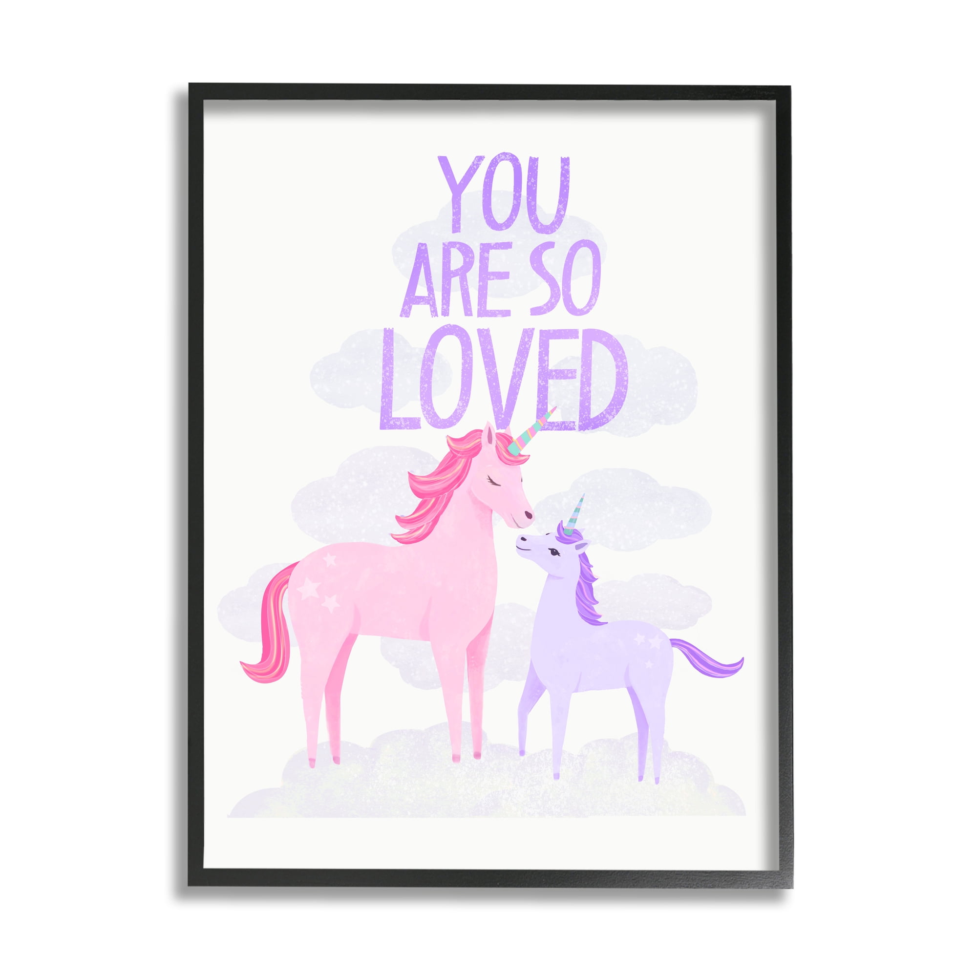 Stupell Industries Pink & Purple Unicorns Fairy Tales & Fantasy Painting Black Framed Art Print Wall Art, 16 x 20