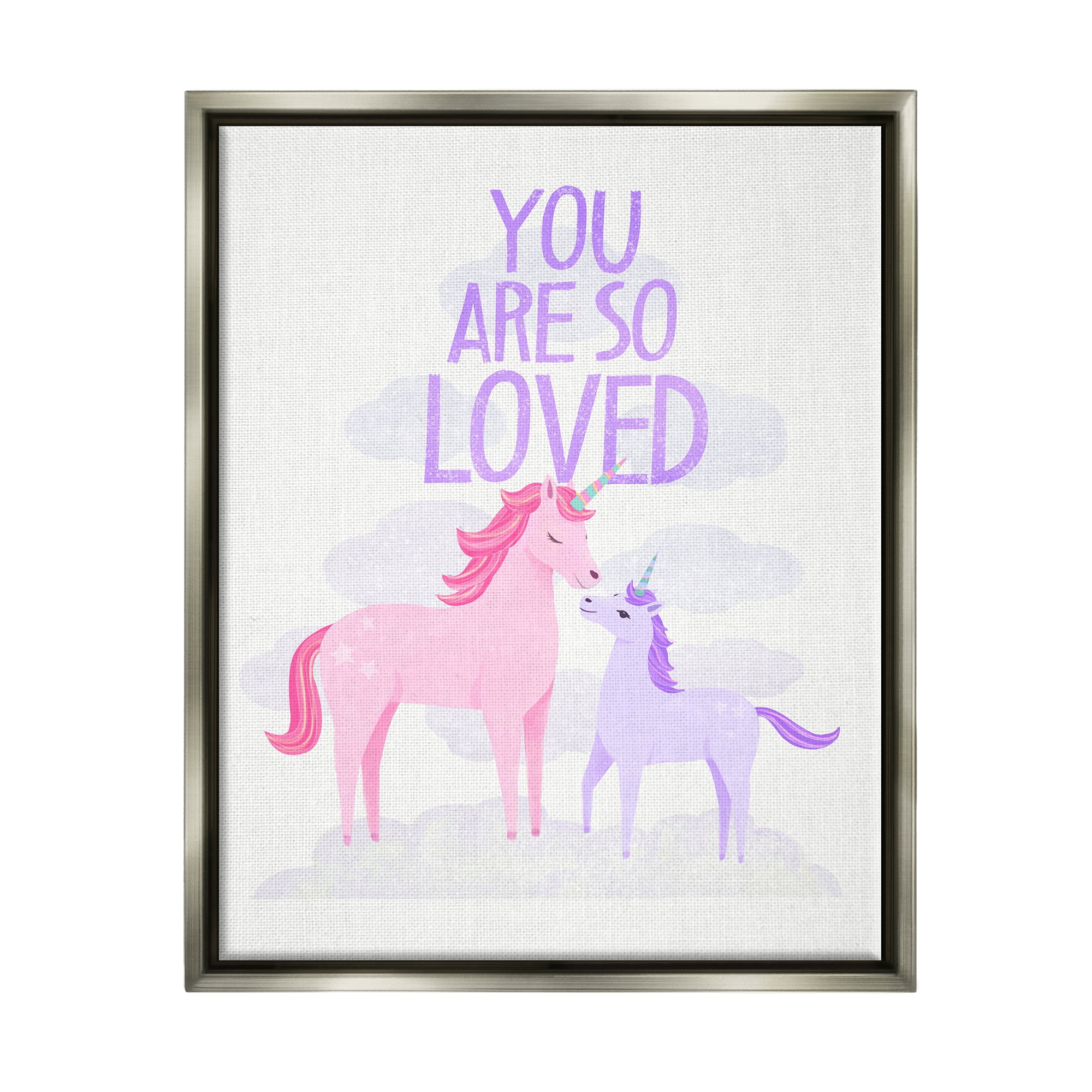 Stupell Industries Pink & Purple Unicorns Fairy Tales & Fantasy Painting Gray Floater Framed Art Print Wall Art, 25 x 31