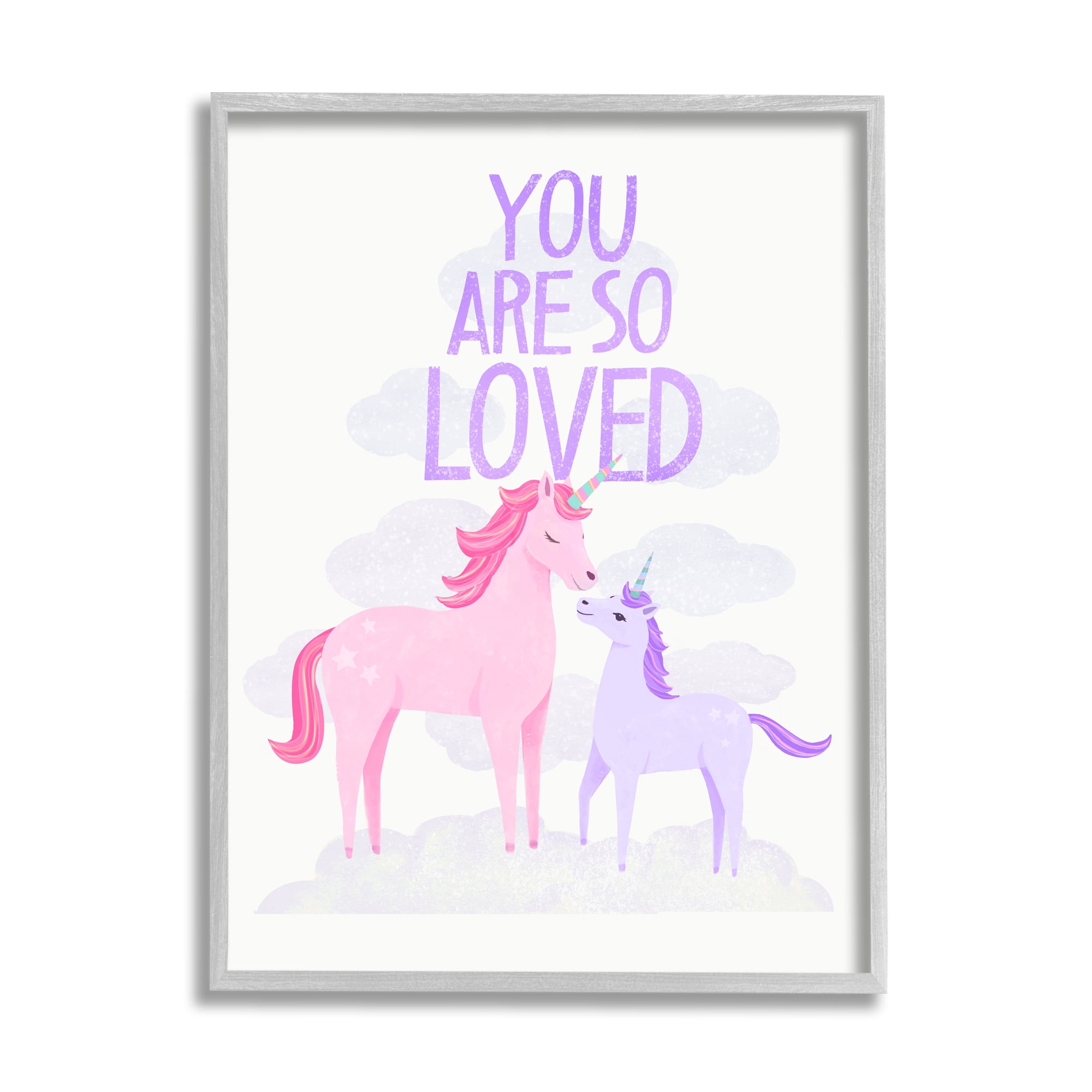 Stupell Industries Pink & Purple Unicorns Fairy Tales & Fantasy Painting Gray Framed Art Print Wall Art, 24 x 30