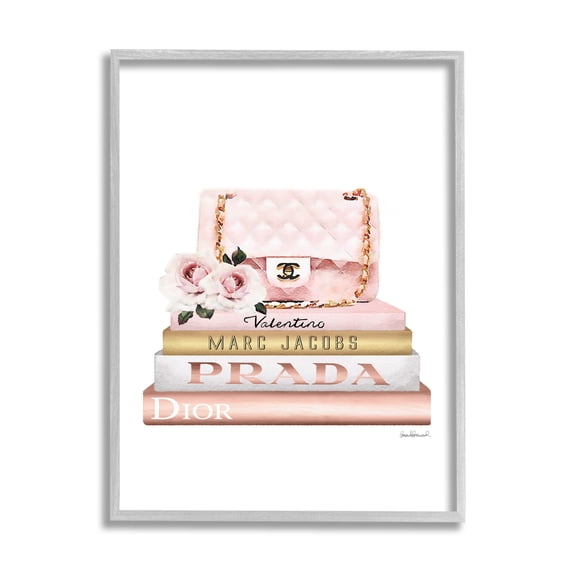 Stupell Industries Pink Purse Gold Bookstack Glam Fashion Watercolor Design Framed Wall Art by Amanda Greenwood