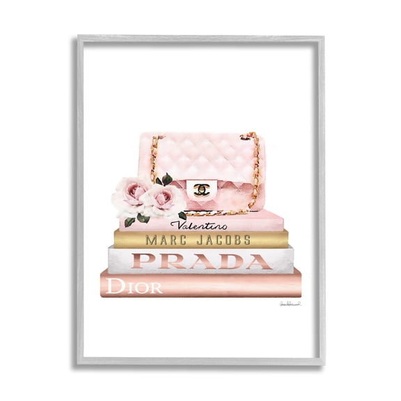 Stupell Industries Pink Purse Gold Bookstack Glam Fashion Watercolor Design Framed Wall Art by Amanda Greenwood