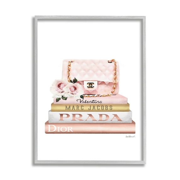 Stupell Industries Pink Purse Gold Bookstack Glam Fashion Watercolor Design Gray Framed Art Print Wall Art, 24x30, by Amanda Greenwood