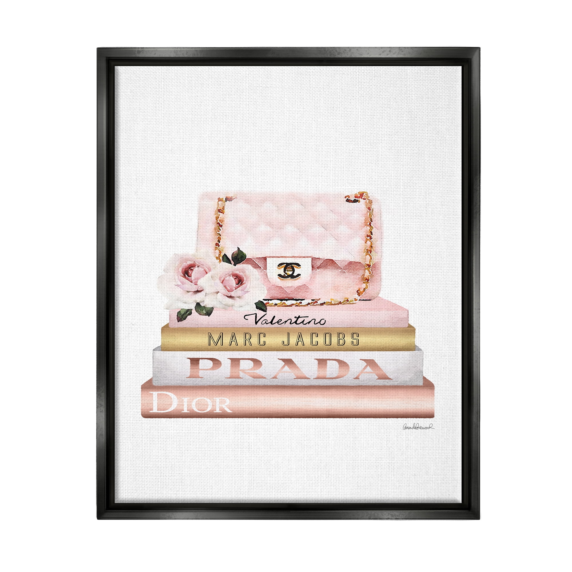 Stupell Industries Pink Purse Gold Bookstack Glam Fashion Watercolor Design Jet Black Framed Floating Canvas Wall Art, 16x20, by Amanda Greenwood