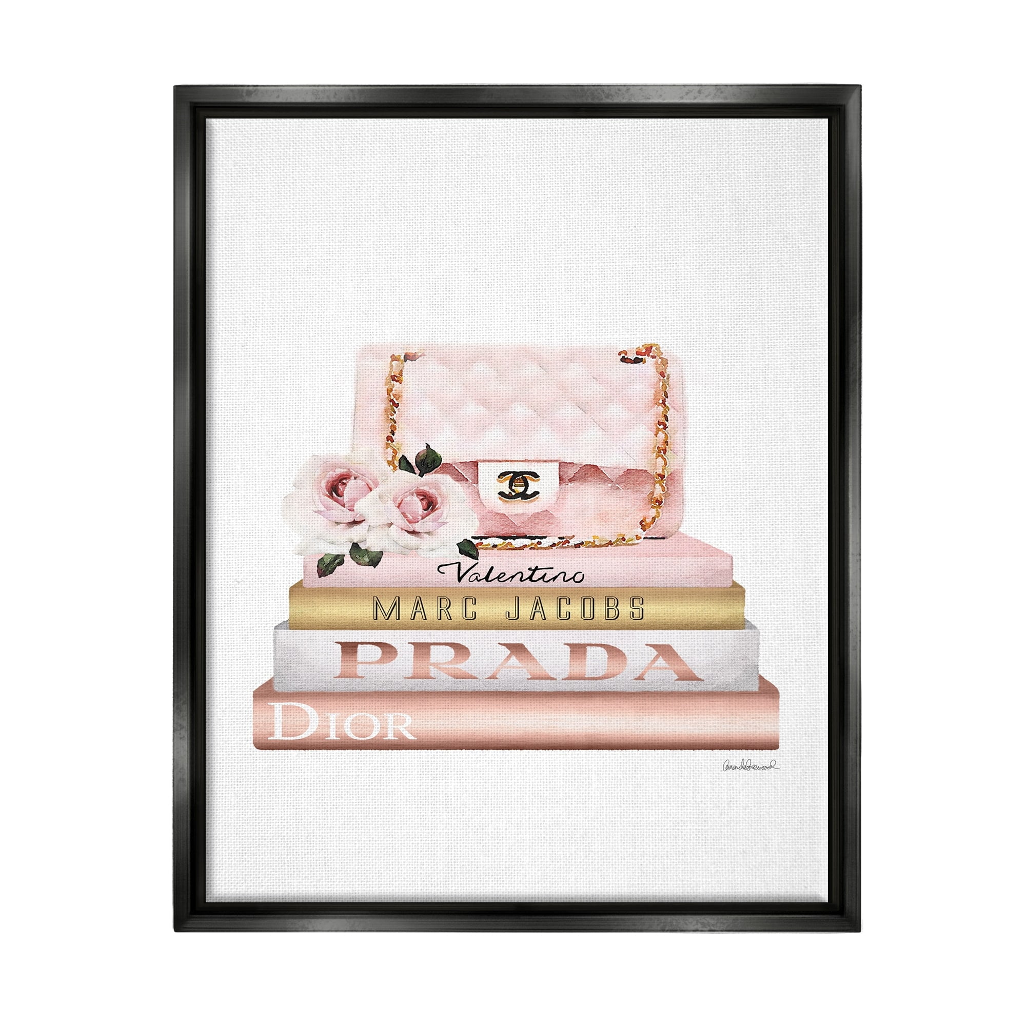 Stupell Industries Pink Purse Gold Bookstack Glam Fashion Watercolor Design Luster Gray Framed Floating Canvas Wall Art, 16x20, by Amanda Greenwood