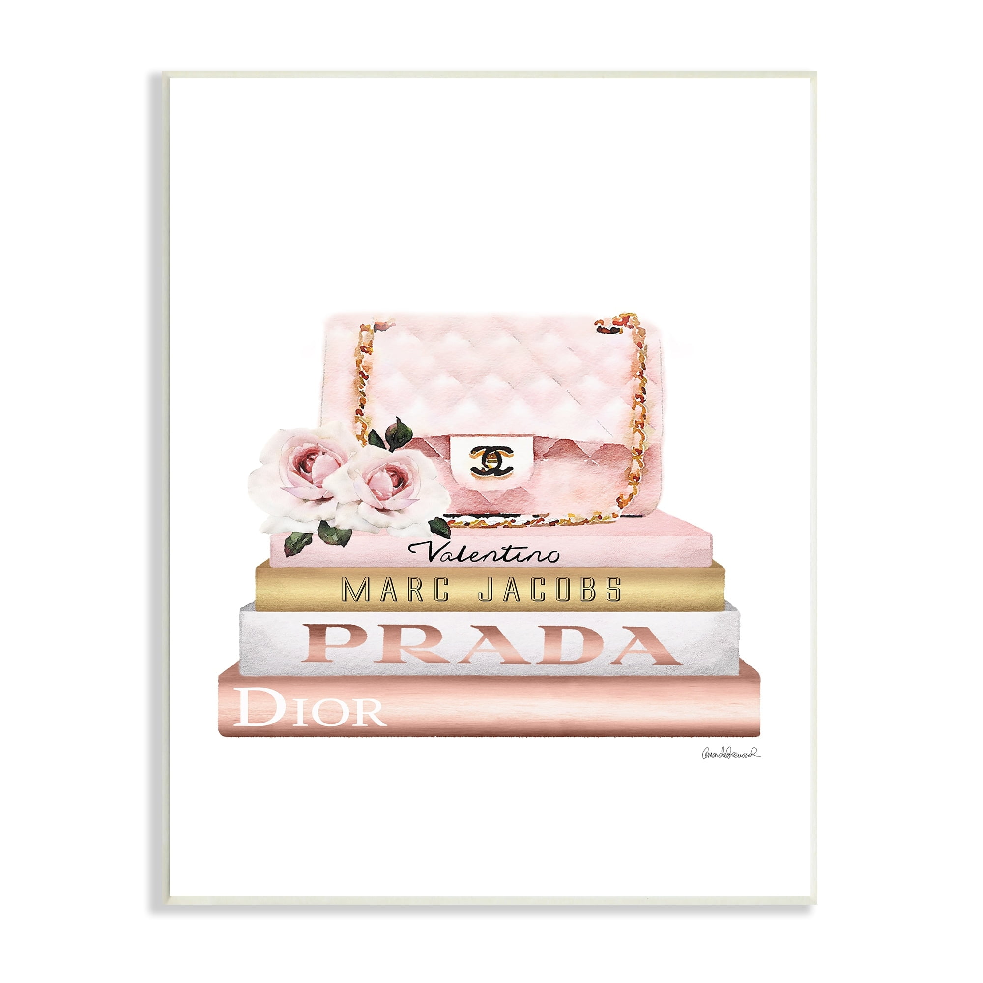 Stupell Industries Pink Purse Gold Bookstack Glam Fashion Watercolor Design Wall Plaque by Amanda Greenwood