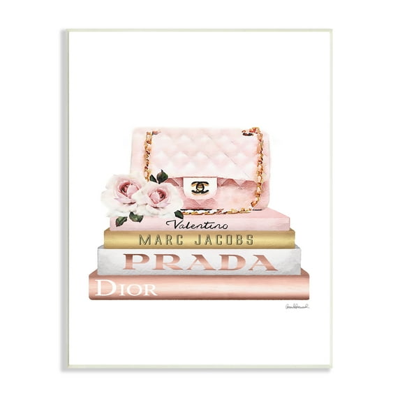Stupell Industries Pink Purse Gold Bookstack Glam Fashion Watercolor Design Wall Plaque by Amanda Greenwood