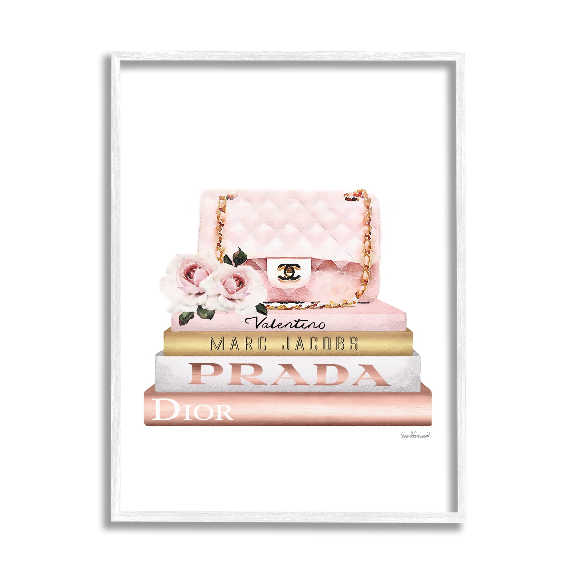 Stupell Industries Pink Purse Gold Bookstack Glam Fashion Watercolor Design White Framed Art Print Wall Art, 11x14, by Amanda Greenwood