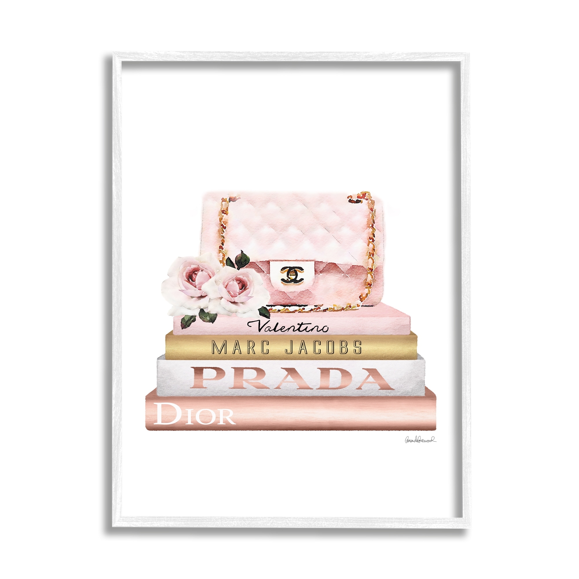 Stupell Industries Pink Purse Gold Bookstack Glam Fashion Watercolor Design White Framed Art Print Wall Art, 16x20, by Amanda Greenwood