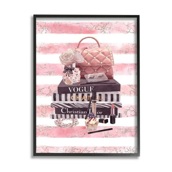 Stupell Industries Pink Quilted Purse Fashion Books Distressed Stripes Graphic Art Black Framed Art Print Wall Art, 11x14, by Ziwei Li