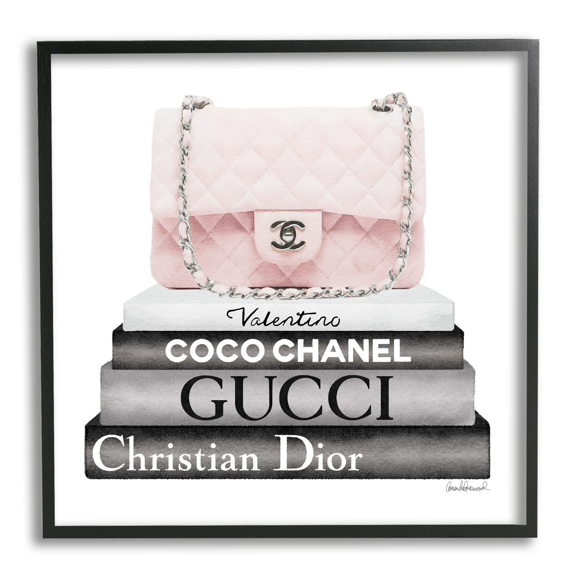 Stupell Industries Pink Quilted Purse on Modern Chic Bookstack Beauty & Fashion Painting Black Framed Art Print Wall Art, 24 x 24