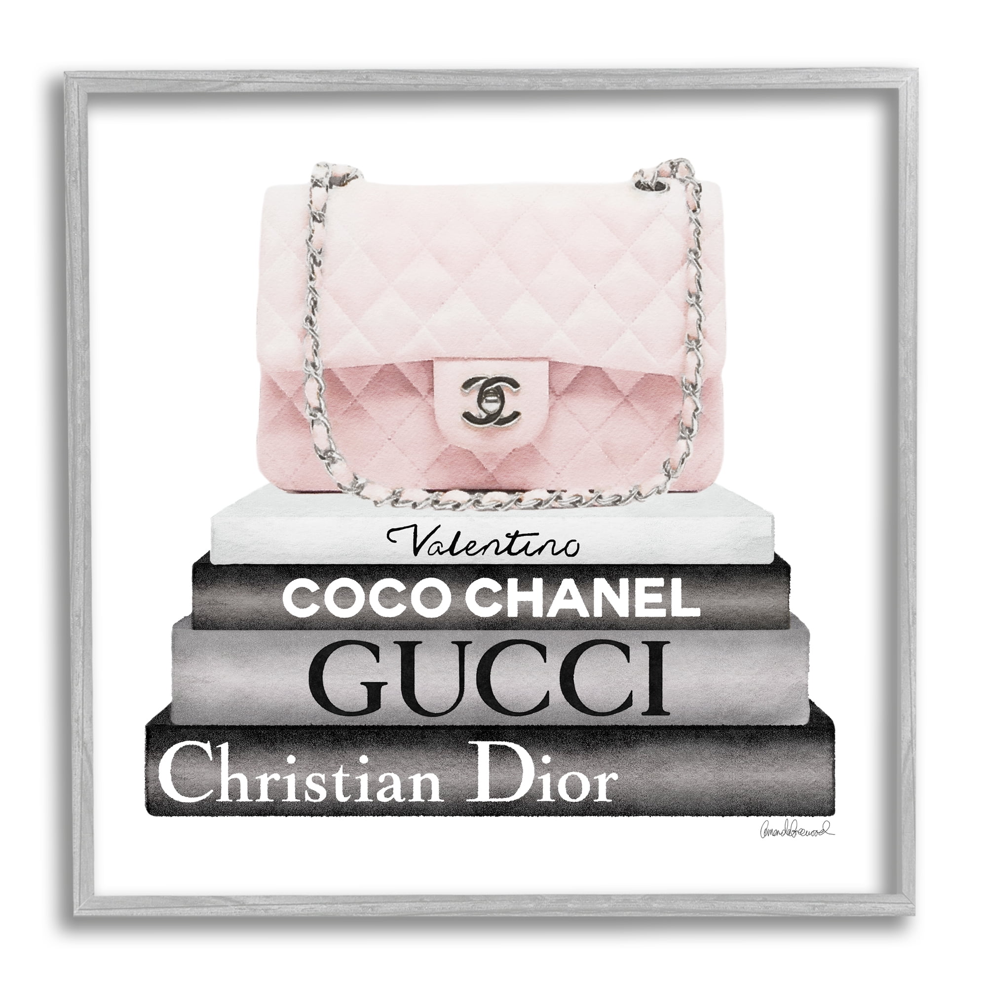 Stupell Industries Pink Quilted Purse on Modern Chic Bookstack Beauty & Fashion Painting Gray Framed Art Print Wall Art, 12 x 12