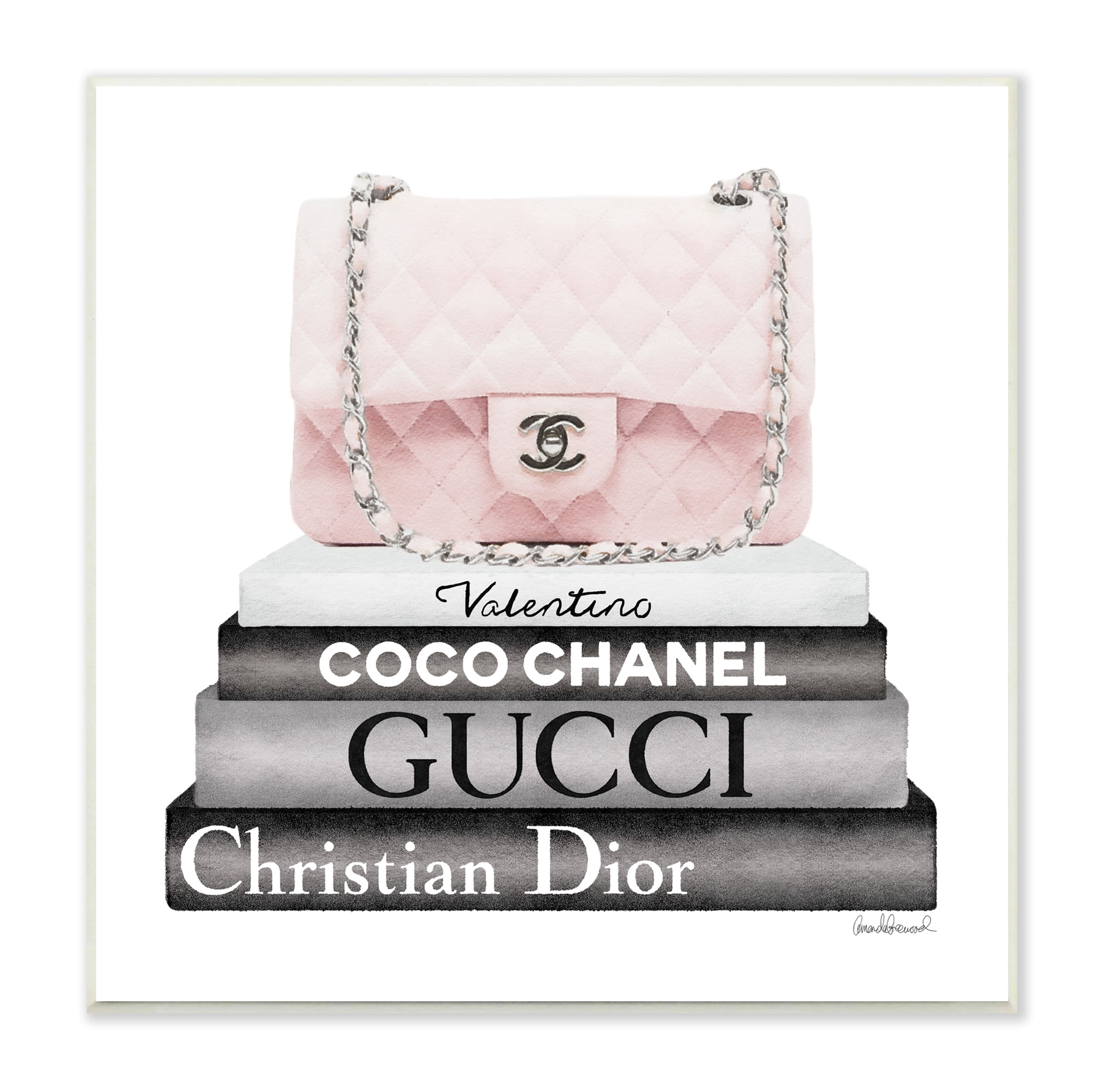 Stupell Industries Pink Quilted Purse on Modern Chic Bookstack Beauty & Fashion Painting Unframed Art Print Wall Art, 12 x 12