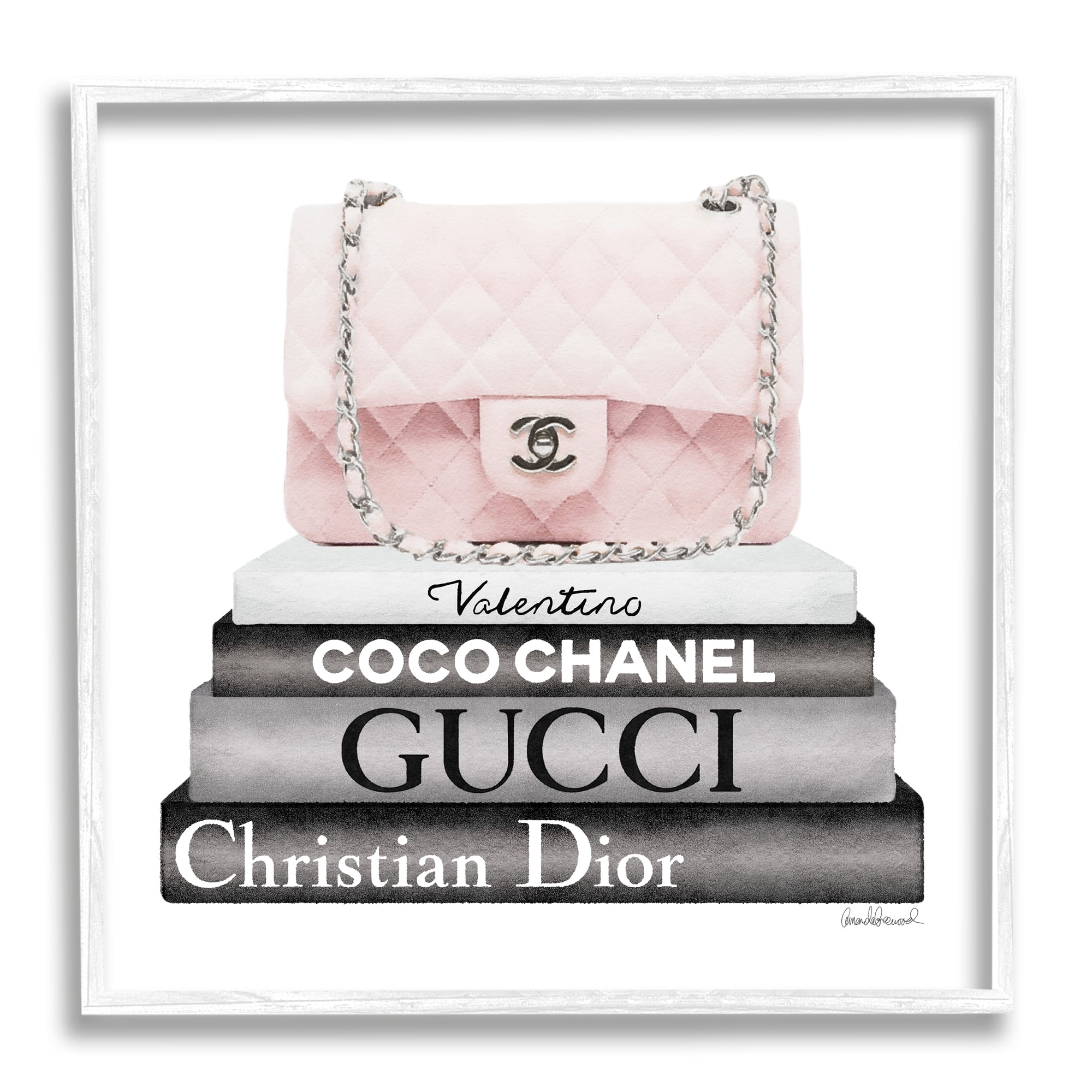 Stupell Industries Pink Quilted Purse on Modern Chic Bookstack Beauty & Fashion Painting White Framed Art Print Wall Art, 24 x 24