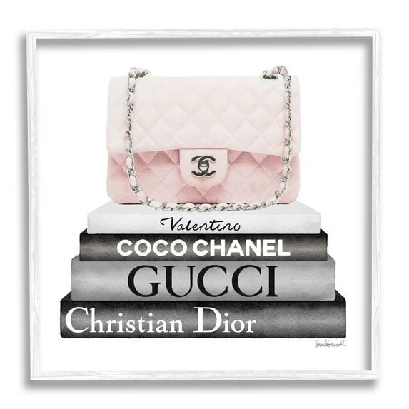 Stupell Industries Pink Quilted Purse on Modern Chic Bookstack Beauty & Fashion Painting White Framed Art Print Wall Art, 24 x 24